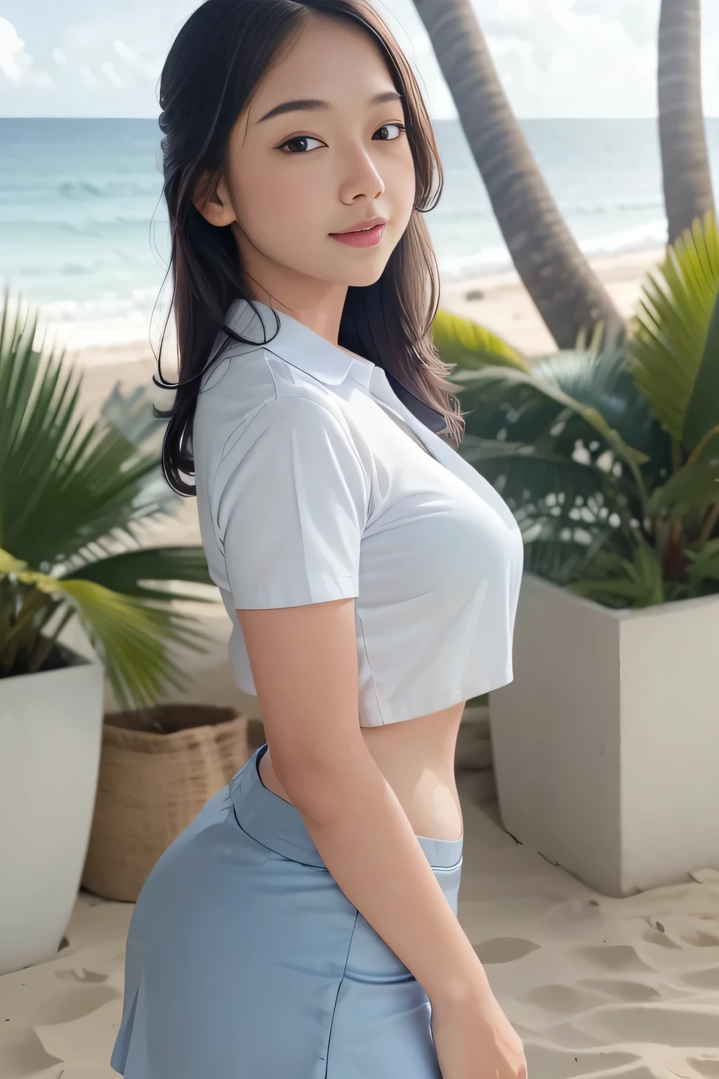 1girl, solo, (uniform), standing, at the beach, beautiful realistic ocean scenery, seductive smile, thick breasts, smooth skin, tight white shirt, grey blue short skirt, looking at the audience, low angle shot, (zoom out:1.4), (8k, RAW photo, best quality, masterpiece: 1.2), (realistic, realistic: 1.37), ultra-high resolution