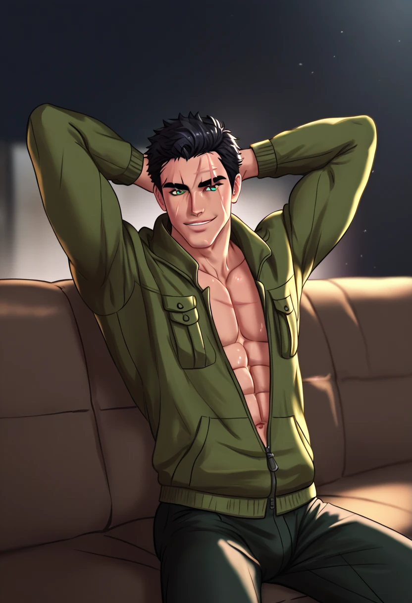 (highest resolution, distinct_image) The best quality, 1 man, hair covering eyes, brunette, highly detailed, semi realistic, living room, camouflage joggers, sandals, sitting, sharp teeth, smiling, playful, mysterious, charming, casual, shirtless
