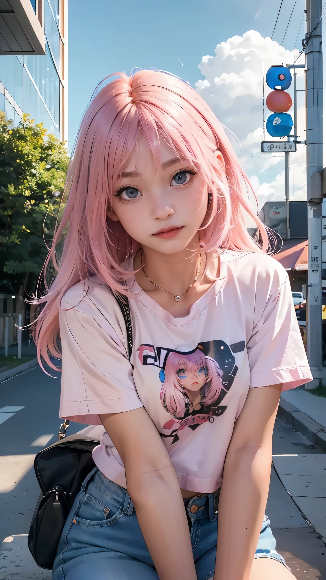 AniPoma 1,(masterpiece, best illustrations, The best manga), alone, 1 girl, purple eye, ( shiny skin, soft hair for cell phones), (Milkshake in hand), freckles, (bright pink two-tone hair:1.3), (I'm wearing a Led Zeppelin t-shirt, denim jeans), (Intense light and dark, volume light, By Light ), ( orbital space:.5), ( rainbow light , Light Leak), ( charming, Shine), (alone), manga dusk 1 , Manfa 1