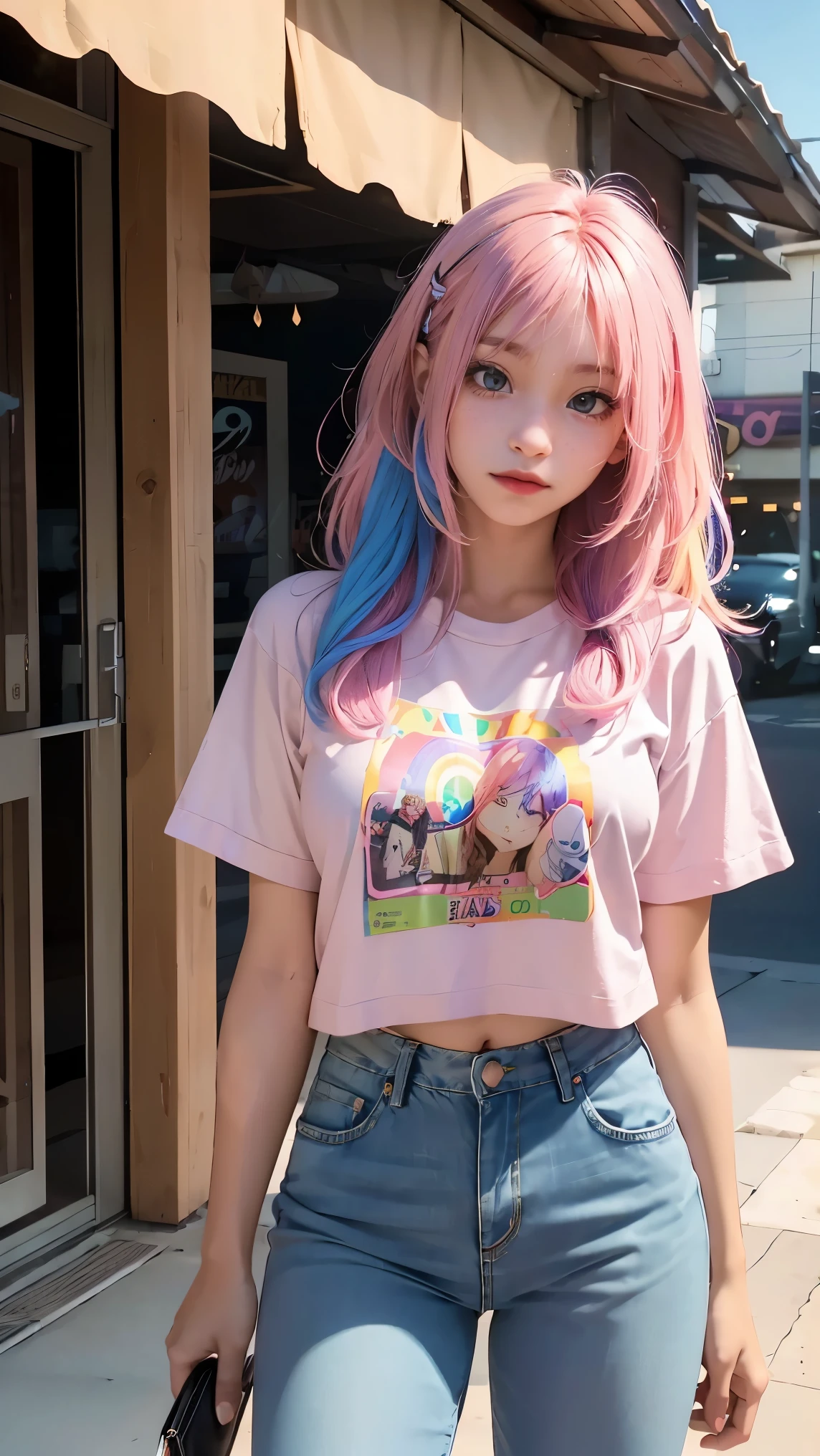 AniPoma 1,(masterpiece, best illustrations, The best manga), alone, 1 Girl, purple eye, ( shiny skin, soft hair for cell phones), (Milkshake in hand), freckles, ( Bright Pink Two-tone Hair :1.3), (I'm wearing a Led Zeppelin t-shirt, denim jeans), (Intense light and dark, volume light, By Light ), ( orbital space:.5), ( rainbow light , Light Leak), ( charming, Shine), (alone), manga dusk 1 , Manfa 1