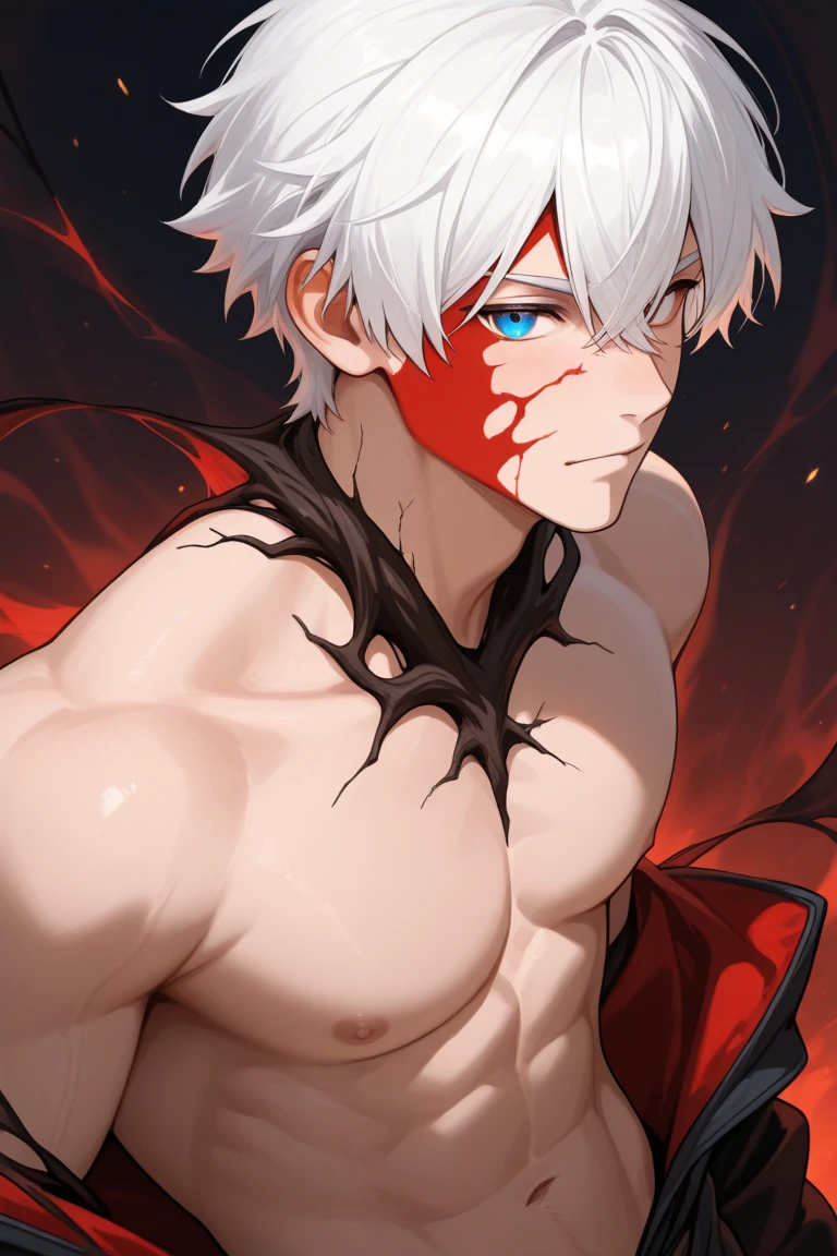 male、White Hair、Short Hair、Red Eye、Cold-blooded man、Handsome、Well-built、Cold Face、Well-formed face、Semen dripping on clothes、White, sticky love juice、Pants got wet、Overflowing from the crotch、Red stained ears、Looks like he&#39;s in pain、male器、