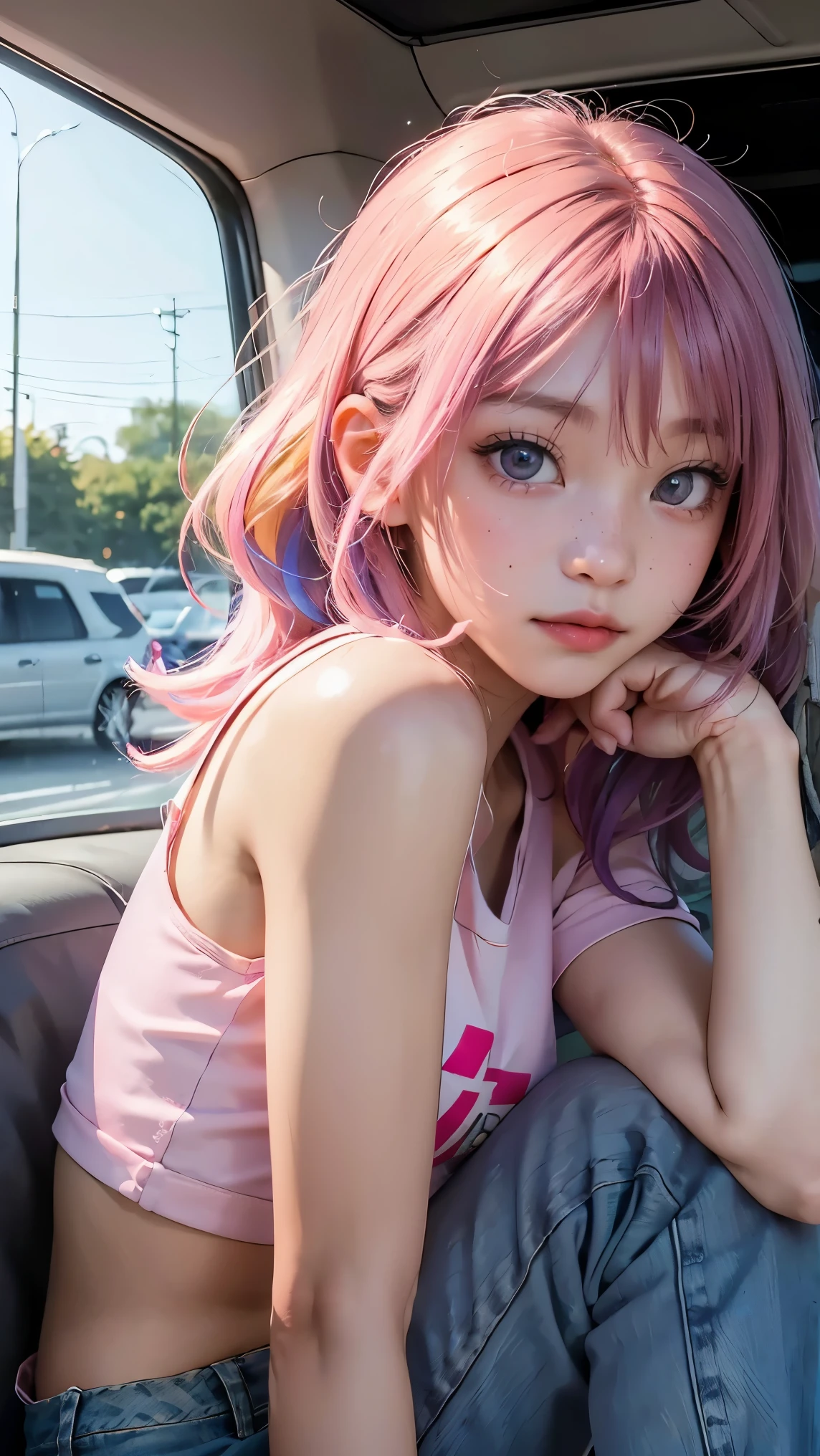 AniPoma 1,(masterpiece, best illustrations, The best manga), alone, 1 Girl, purple eye, ( shiny skin, soft hair for cell phones), (Milkshake in hand), freckles, ( Bright Pink Two-tone Hair :1.3), (I'm wearing a Led Zeppelin t-shirt, denim jeans), (Intense light and dark, volume light, By Light ), ( orbital space:.5), ( rainbow light , Light Leak), ( charming, Shine), (alone), manga dusk 1 , Manfa 1