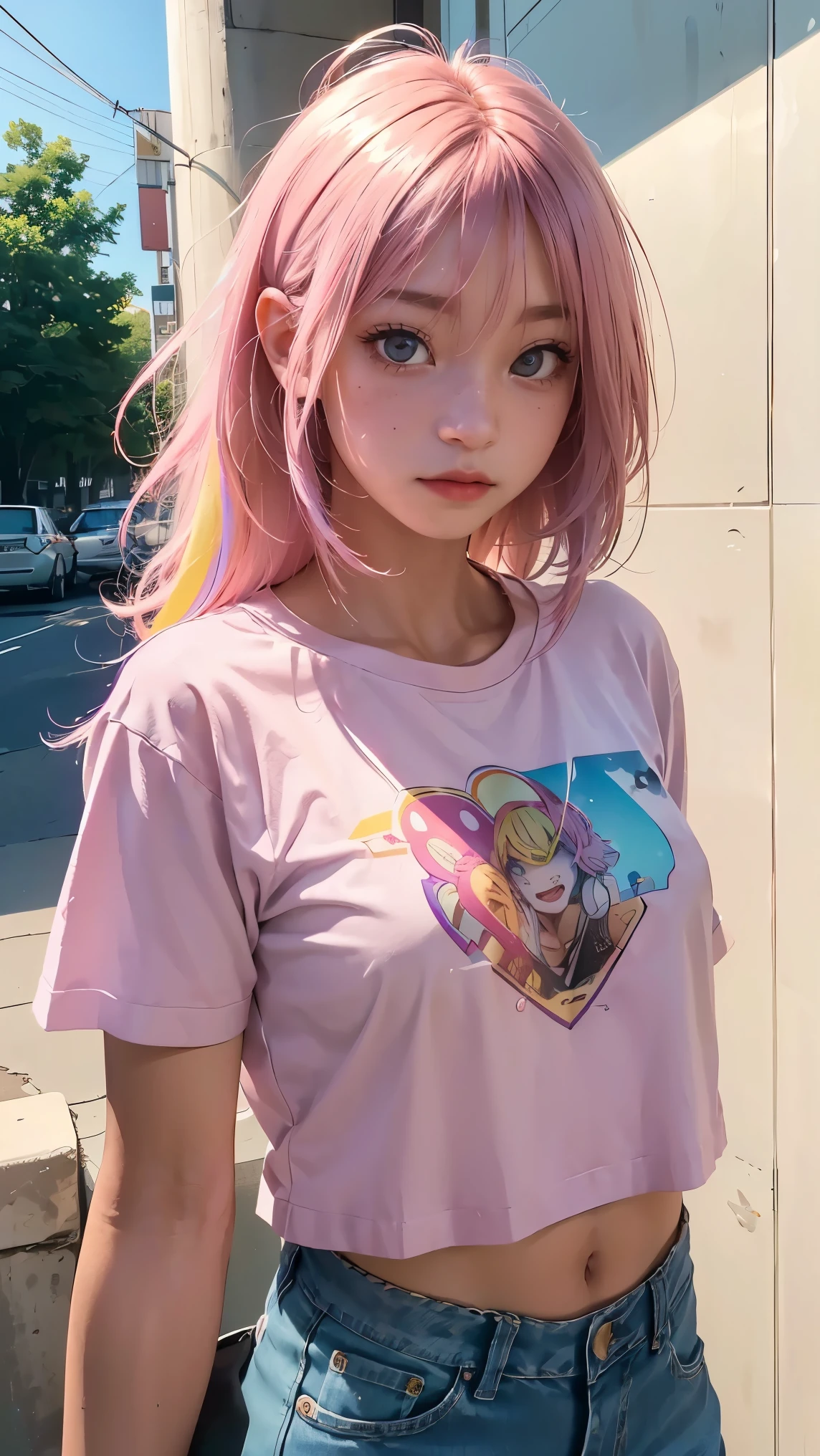 AniPoma 1,(masterpiece, best illustrations, The best manga), alone, 1 Girl, purple eye, ( shiny skin, soft hair for cell phones), (Milkshake in hand), freckles, ( Bright Pink Two-tone Hair :1.3), (I'm wearing a Led Zeppelin t-shirt, denim jeans), (Intense light and dark, volume light, By Light ), ( orbital space:.5), ( rainbow light , Light Leak), ( charming, Shine), (alone), manga dusk 1 , Manfa 1