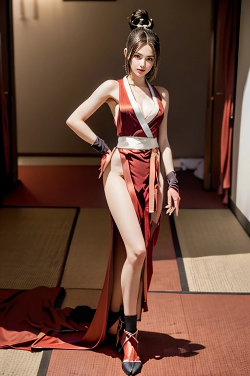 mai shiranui, Brown eyes, Full body portrait, Toes are visible, Standing, Full body, Prestige, Long hair, Brown hair, White ribbon, Sleeveless, poneyTail, sash, pelvis curtain, arm guards, mitts, tabi, fascinated expression, Sexy eyes, medium breasts, Smile, Cute, view the viewer, Long hair, Close to Japan temple, (breasts focus:1.2), (Realistic:1.2), (Full Shot: 1.2), (Realism), (masutepiece:1.2), (Best Quality), (ultra-detailliert), (8K, 4K, Convoluted), (85 mm), light Particle, Lighting, (Highly detailed:1.2), (Detailed face:1.2), (gradients), SFV, Colorful, (Detailed eyes:1.2), (Detailed temples of Japan: 1.2),(Detailed background), (Dynamic Angle:1.2), (Dynamic Pose:1.2), (Line of action:1.2), Wide Shot, Daylight, Solo.