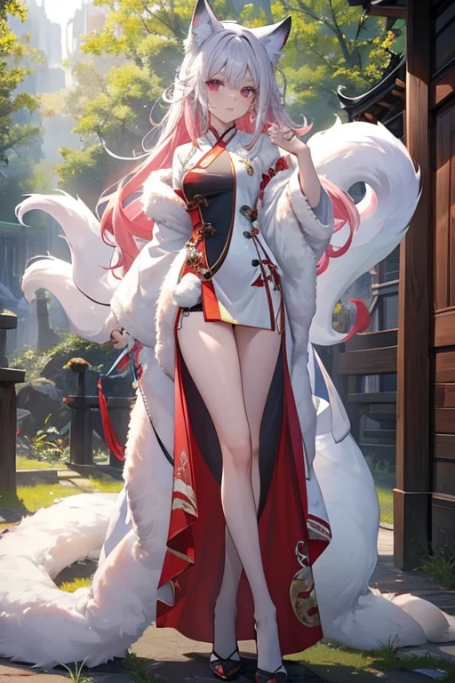 (Best quality),4K,Noble female nine-tailed white fox,furry ears and hands and feet,long leges,The expression is fascinating,Wear tribal clothing,forest backgrou,orc race,Pink Long Hair,vivd colour