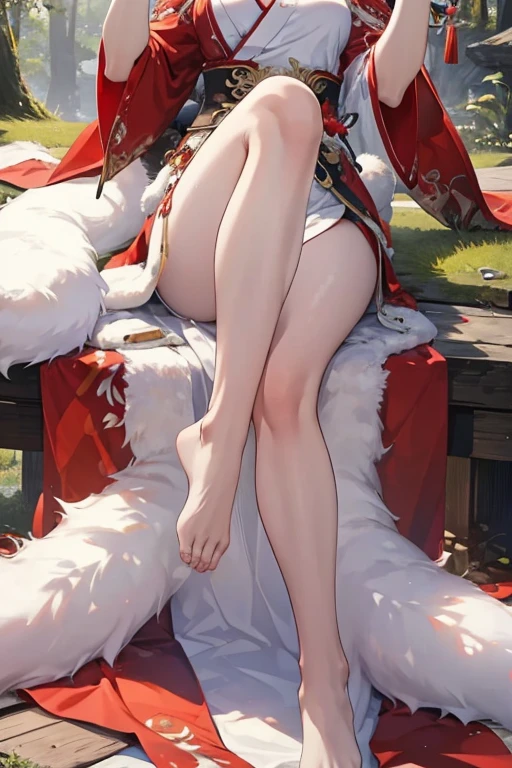 masterpiece, best quality, dynasty warriors_daqiao, chinese clothes, red dress, from side, from below, black eyes, long hair, blunt bangs, sitting, white flowers, jasmine \(flower\), night, flower land, grasslands, hand in own hair, pov hands, looking at viewer, open mouth, glowing flower, gradient sky, white pantyhose, crossed legs, pov, foot focus, <lora:dynasty warrios_大ä¹_xl:0.7> <lora:lily_style_xl:0.4> <lora:rei_style_xl:0.4>