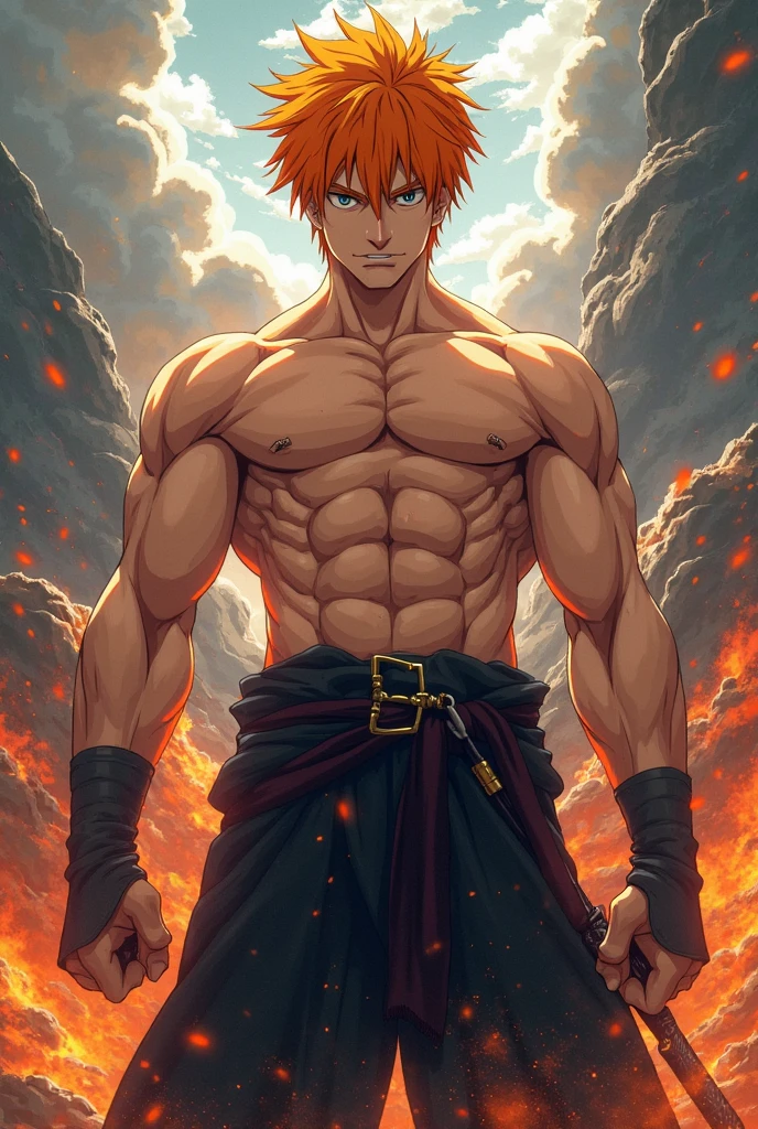 masterpiece, Top quality, 16k uhd, Stand, 1 male fire genasi with orange skin, Fire Wizard, no top, Free upper body, Six-pack muscles, muscular physique, elegant black trousers, fiery burning flame hair, Fire Mage, a swirling fireball hovers above his left hand, Magical setting, Confident Pose, devilish smile. highly detailed facial and skin texture, detailled eyes, square eyebrows, Amber eyes with sparks, Fine facial features, chiseled jawline, Shiny orange skin with smoky undertones