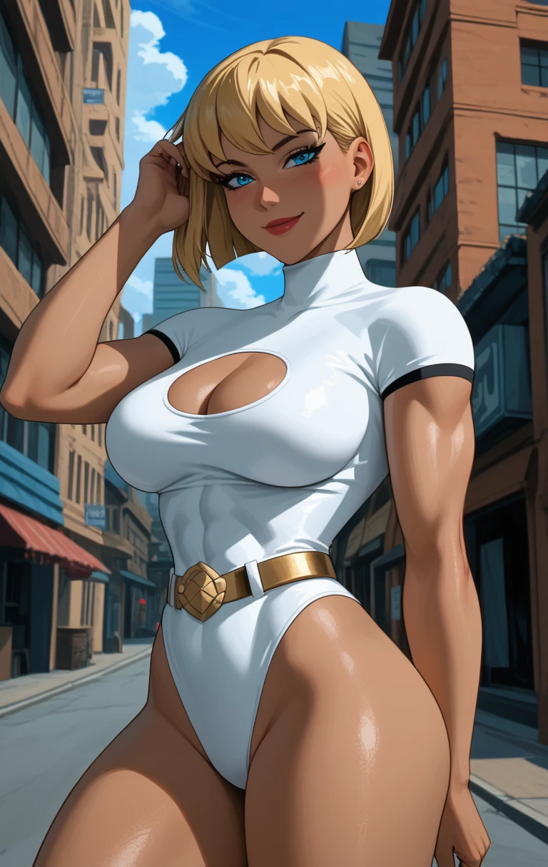 (cowboy shot), sfw, (artwork), CARTOON, ANIME, CARTOON ARTSTYLE, (Detailed face:1.2), (Detailed eyes:1.2), (Hourglass figure:1.2) BREAK Galatea, 1girl, aqua eyes, short blonde hair, midair, flying, smug white leotard, gold belt, cleavage cutout BREAK She's crossing her arms, she's looking at the camera with an unimpressed and annoyed look on her face BREAK (flying above the city streets, outdoors, gorgeous view)