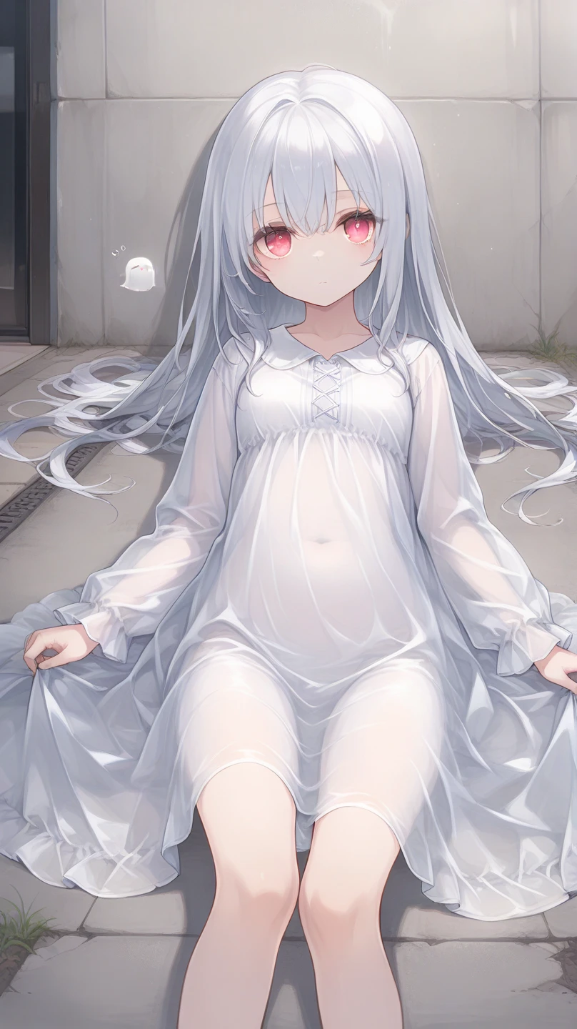 masterpiece, best quality, nsfw, 
1girl, view from below, 
lift up the skirt, white dress, red panties, silver hair, embarrassed face, 
a lot of sweat, bedroom, late night