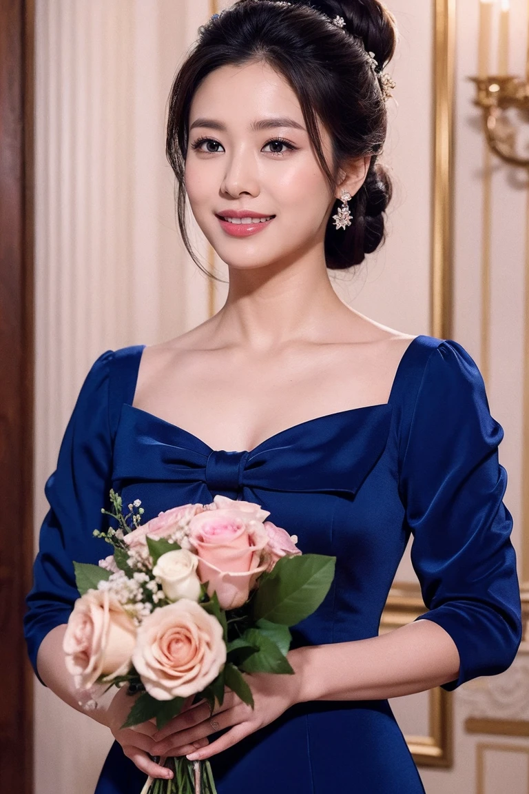 ((highest quality、8K resolution、master masterpiece、professional photography)), Photoreal, 1 Japanese woman, beautiful woman, (50 year old beautiful princess:1.3), (Wrinkled face:1.2)、wrinkles around the eyes, (standing elegantly on the floor:1.2)、(Plump and soft body、clavicle)、The most elegant and beautiful hairstyle、Romantic evening、(look at me and smile:1.2)、Look at me lovingly、(Luxury bedroom of the most classy princess:1.2)、((Finest chandelier、Top quality giant bed、top quality decorative curtains、finest jewelry decoration、top class interior))、(The finest pajamas for the most elegant princess:1.2)、(The most luxurious and highest quality giant tiara:1.1)、big and full breasts,Emphasis on bust、perfect makeupアップ,Dark red lipstick,perfect makeup,eye shadow、long eyelashes、great movie lighting,romantic lighting、(very moody and romantic:1.1)、Beautiful skin with super high detail、blurred background、premonition of love
