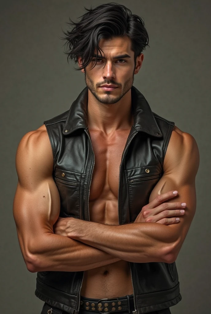 generate a master photograph describing a shapely Handsome Man, a full-body shot of a male fitness model dressed in a stylish, dark melanin, casual outfit suitable for a city day out, (8K, best quality), smile, no beard,clean-shaven, smooth complexion, clear features, young-looking, brown hair, black hair, (hard chest, six pack, v cut), wearing a trendy bomber jacket, fitted dark jeans, and fashionable sneakers, standing in front of an urban backdrop, such as a brick wall or a modern building, (He has sexy hard chest, Most sexy v-cut , Most sexy six pack), Manly, Mancore, (He has fit chest, sexy six pack, sexy v-cut, extremely sexy hips), (dark skin, glistening skin, beautiful complexion), shot on Fujifilm superia, (Studio soft light, high detail, cinematic lighting, rim lighting), Style: (hyperrealistic, by DynastySeries FashionNova, photo, {{{masterpiece photography}}}, analog photograph, professional fashion photoshoot, trending on artstation, synthwave, krrrsty), Quality: (photographed, masterpiece, highest resolution), Definition: (highres, sharp focus, 8k uhd, ultra photo-realistic resolution), Film: (80 mm, shot on portra 120, shot on Fujifilm), Resolution: (extremely detailed, (sharp focus:1.5), cinematic lighting, dramatic lighting, ultra photo-realistic), luxury:   