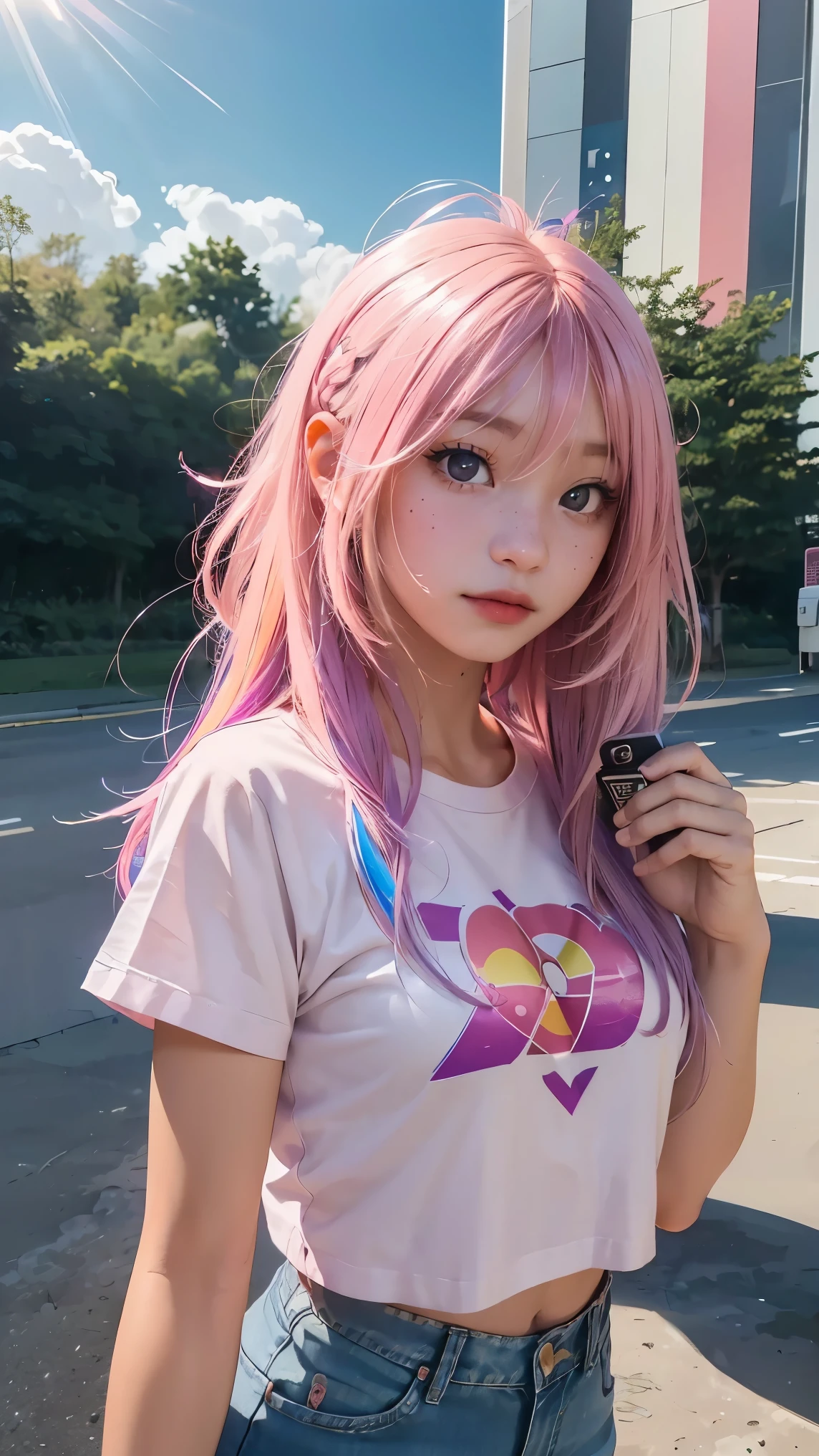 AniPoma 1,(masterpiece, best illustrations, The best manga), alone, 1 Girl, purple eye, ( shiny skin, soft hair for cell phones), (Milkshake in hand), freckles, ( Bright Pink Two-tone Hair :1.3), (I'm wearing a Led Zeppelin t-shirt, denim jeans), (Intense light and dark, volume light, By Light ), ( orbital space:.5), ( rainbow light , Light Leak), ( charming, Shine), (alone), manga dusk 1 , Manfa 1