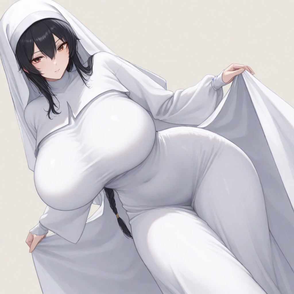 56 years Old, Hijab Indonesian mature woman, Big Round  : 46.9, Luxury Wedding Dress, curvy body, Breast about To burst out from her clothes, at doctor office, Dark light, at Nighttime.