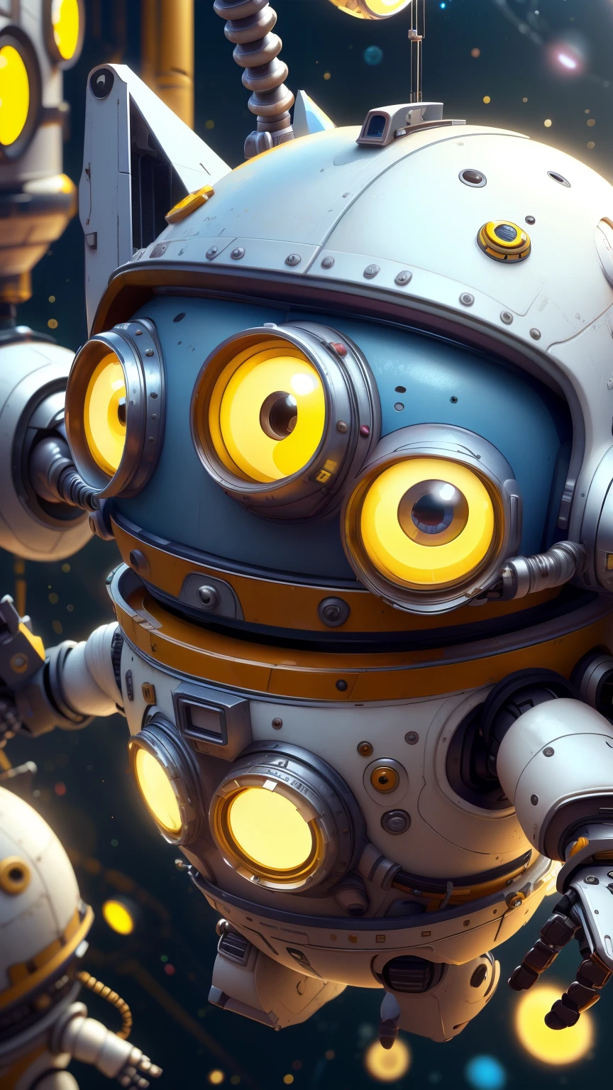 there is a robot with a big nose and a , tintoy characterdesign robot, cute humanoid robot, beautiful robot character design, cute robot, adorable friendly robot, futuristic astronaut, humanoid character, donald duck as an astronaut, toonix character, 3d robot, spaceman standing looking, cute 3 d render, cute cartoon character, small astronaut looking up. Enhance lighting and shading, improve color vibrancy, add realistic material textures, increase sharpness and details, cinematic lighting, high contrast.highly detailed, ultra-realistic, cinematic lighting, vibrant colors, high contrast, sharp details, metallic textures, polished finish