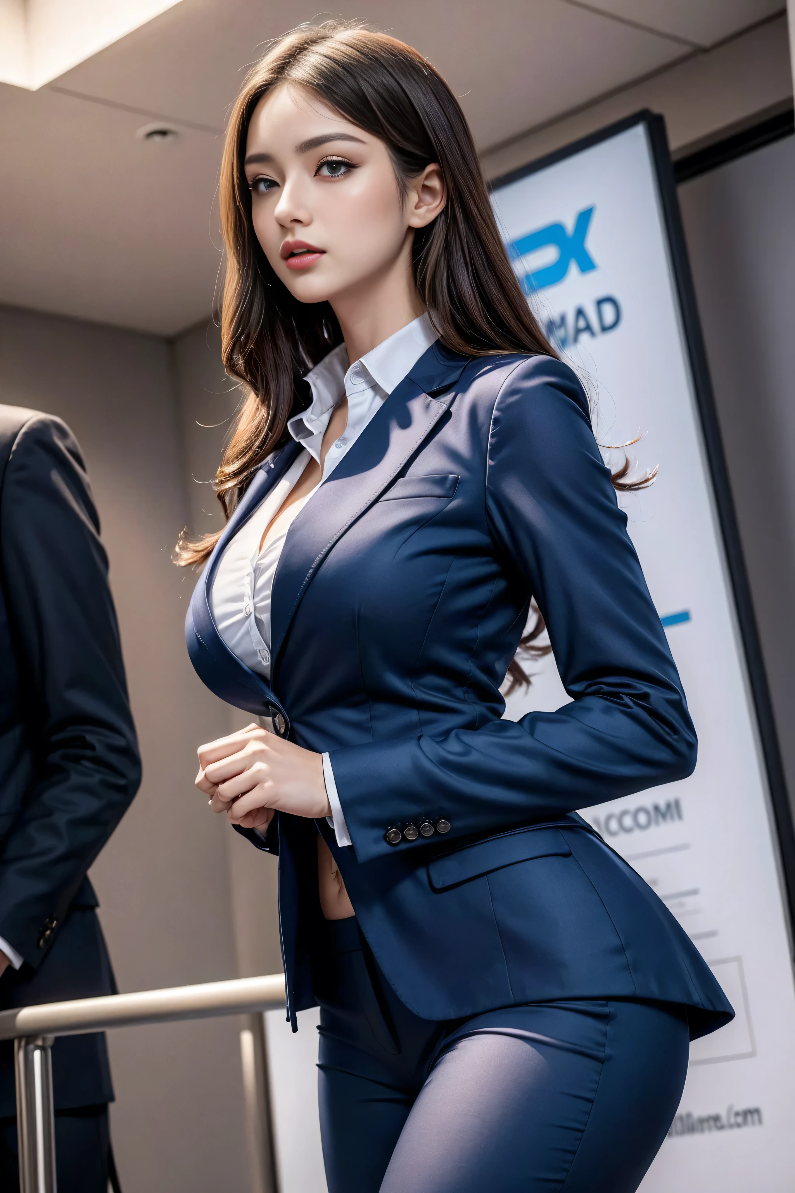 a 22 year old face of the most beautiful actress in the world, the perfect body proportions of a female, blazer is firmly worn on formal shirt which is covering whole upper body of a female, whole vagina between bare legs of a female is clearly seen, sitting on a chair with spread legs, nothing is worn on lower body of a female, detailed genitalia of female lower body, female pubic hair, bare feet of a female, only lower body of a female is naked, in the office, nsfw, best quality, highly detailed, masterpiece, ultra high res, photo realistic, 8k