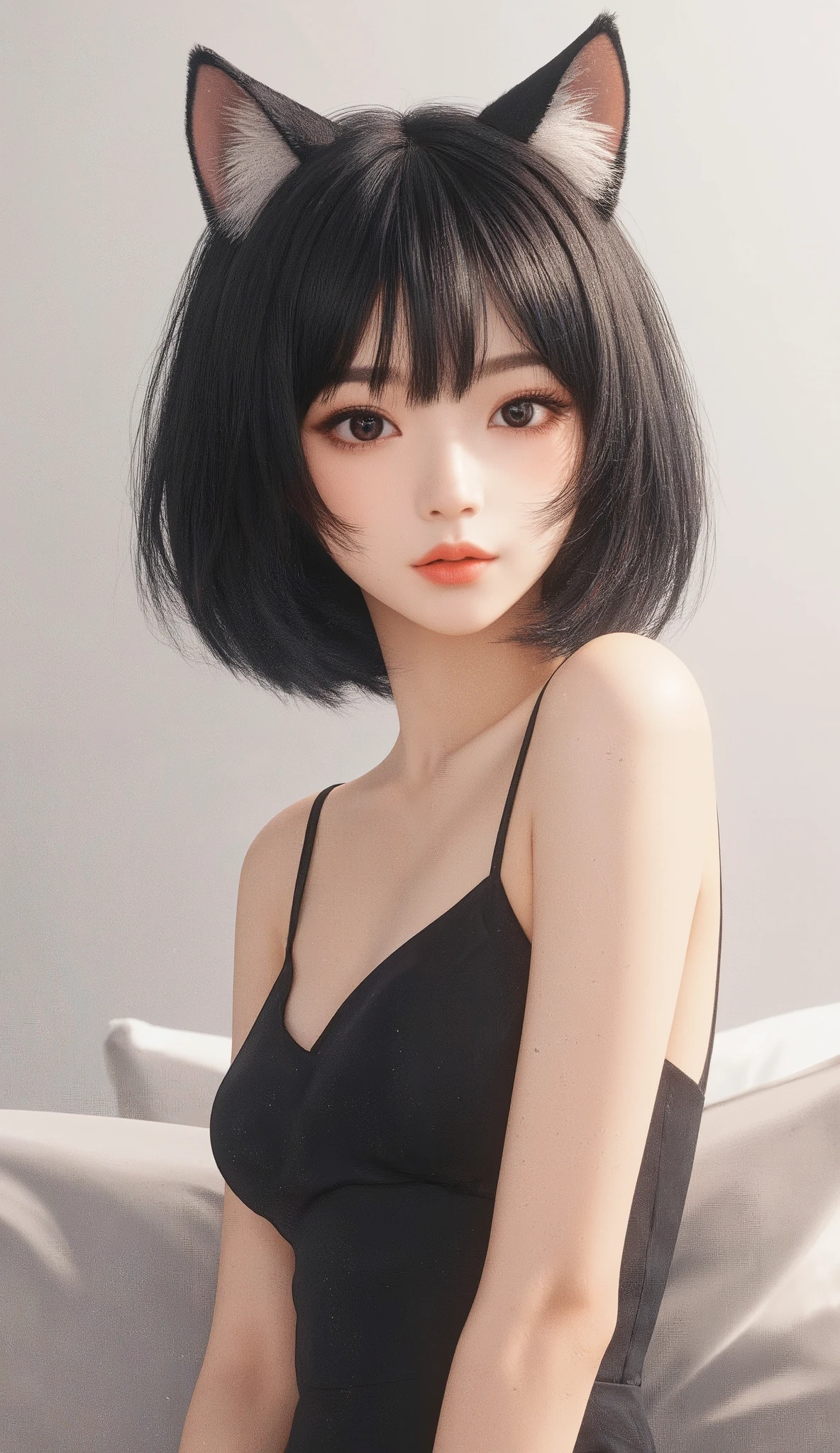 A pretty Anime girl wearing a black dress her hear is a cat's hear, her eyes deep pretty, Short hair