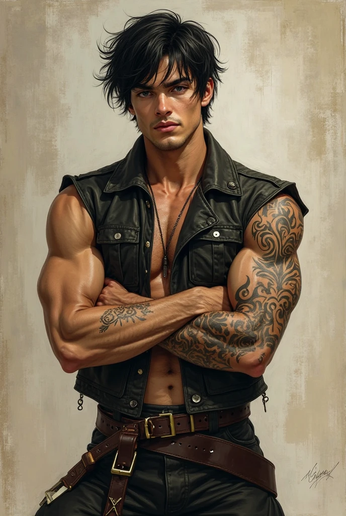 A men whose have aesthetic body with long hair and his face is like a cute and he have 6pack abs and he hold a sword with denim eyes with full body