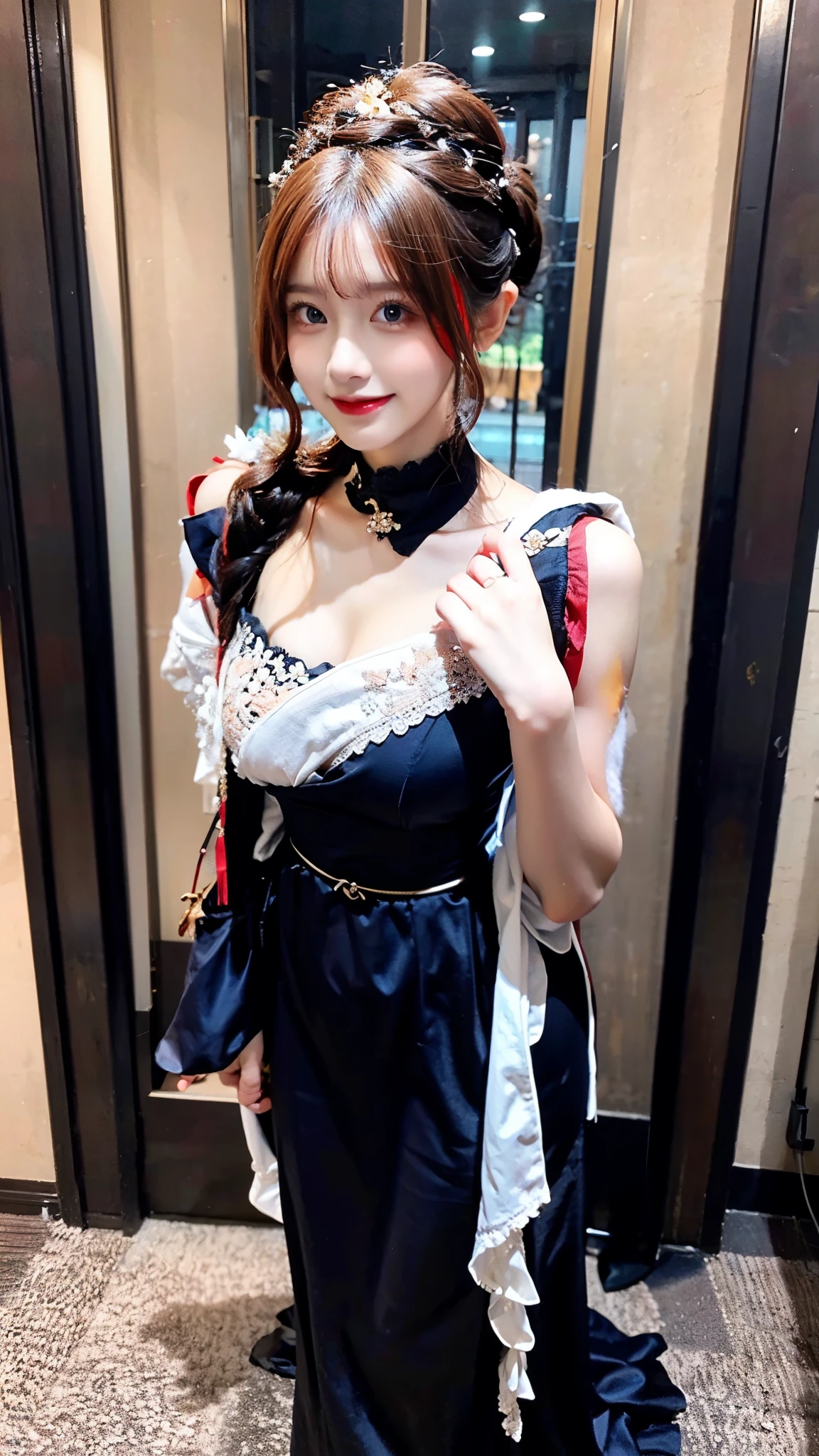 (masterpiece:1.2), (best quality:1.2), dark wizard girl, small breasts, neckline,.hat, facing forward, Smile,