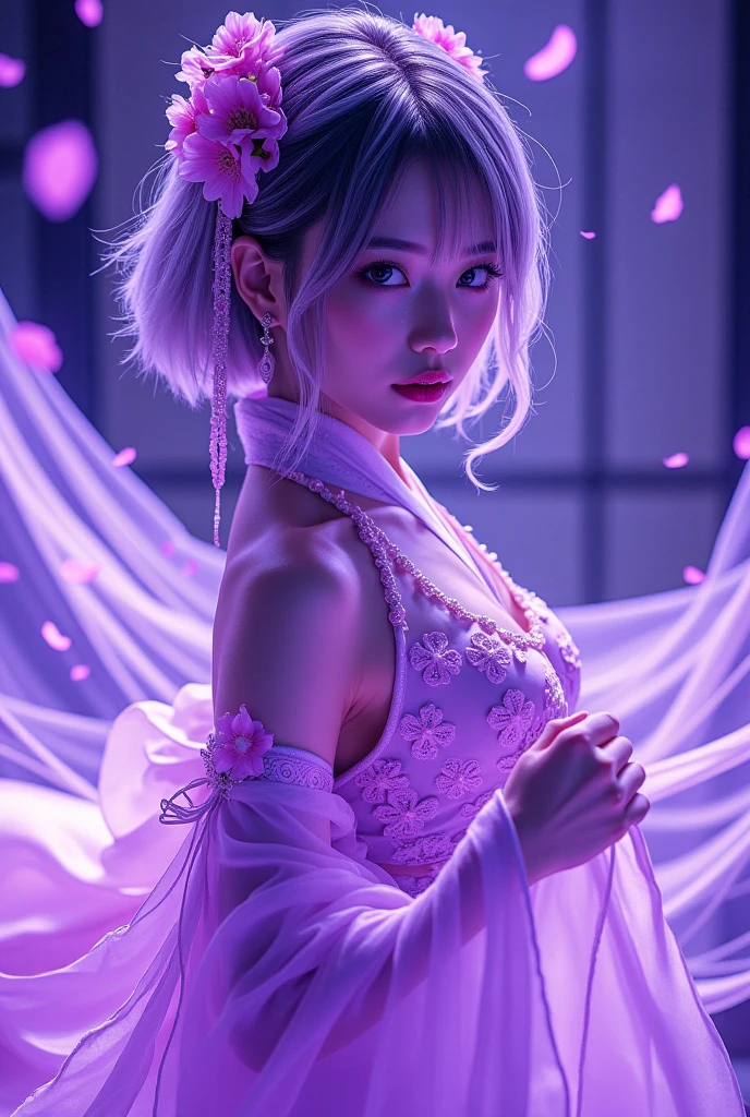 (black fishnet:1.5),cinematic photo official art,unity 8k wallpaper,ultra detailed,aesthetic,masterpiece,best quality,photorealistic,entangle,(purple rose:1.3),tangle,entangle,(1girl:1.3),chinese woman,(full body:1.4),Glowing eyes,tears,Golden eyeshadows,??????? of flower,dynamic angle,(the most beautiful form of chaos:1.2),elegant,Gradient colours,(romanticism:1.1),film,professional,skin detail realistic,Shimmering Crysta,looking at viewer,profile,(holographic:1.2),(transparent raincoat:1.2),holographic,a woman in a dress with a futuristic design on it's chest and arms,holographic fabric,solo,1 girl,translucent glass,holographic structure,glowing,clear glass,dress,big breasts,cleavage,slender,(flower sea:1.4),(the petals are flying around the girl:1.5),white hair,curly hair,long hair,(pony-tail:0.9),bunnyfishnet,1girl,bunnyfishnet,numerous tourists,colorful,Cinematic Lighting,available light,wet face,blush,wet hair,airplane arms,
(bunny_ears:1.4),central street kyoto,ancient japan,torii,saika,afternoon sunset time,