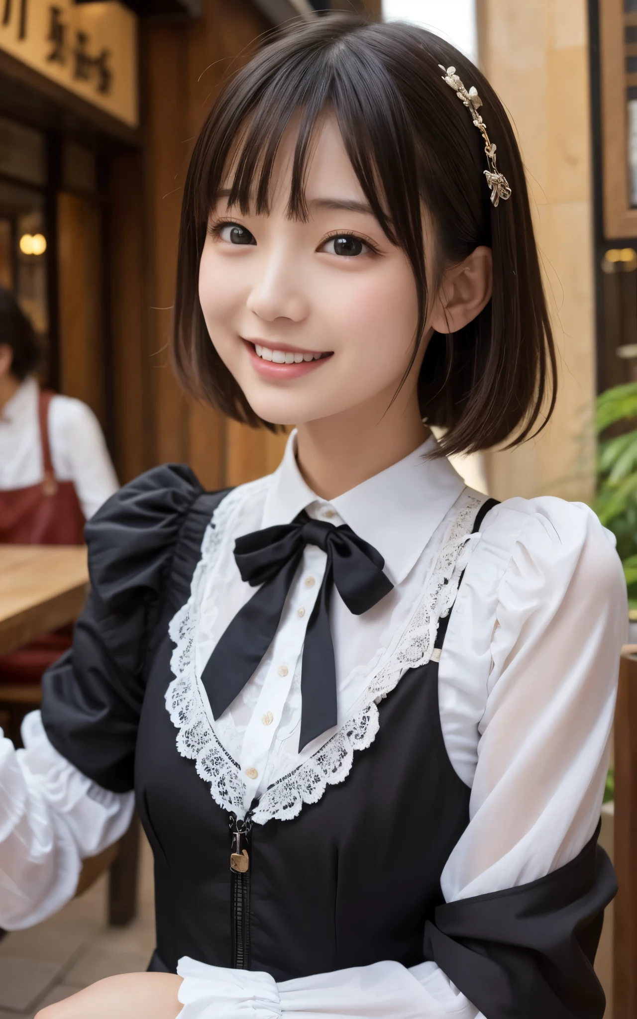 ((Highest quality)), ((masterpiece)), Realistic im ages 、Get down on your knees other than the front 、Very bright expression、big smiles、 Japanese Girls、 realistic im年齢 of the eye area 、small、 look like  、、Age 8、medium bob hair、 black hair、  slim、 body、real face、small、gothic ta fashion clothes、 long sleeve、The chest does not expand、、doesn't emphasize chest、thin body、、 bustling restaurant 、,Looks very happy、opens its mouth and laughs、birthday、Hurrah、