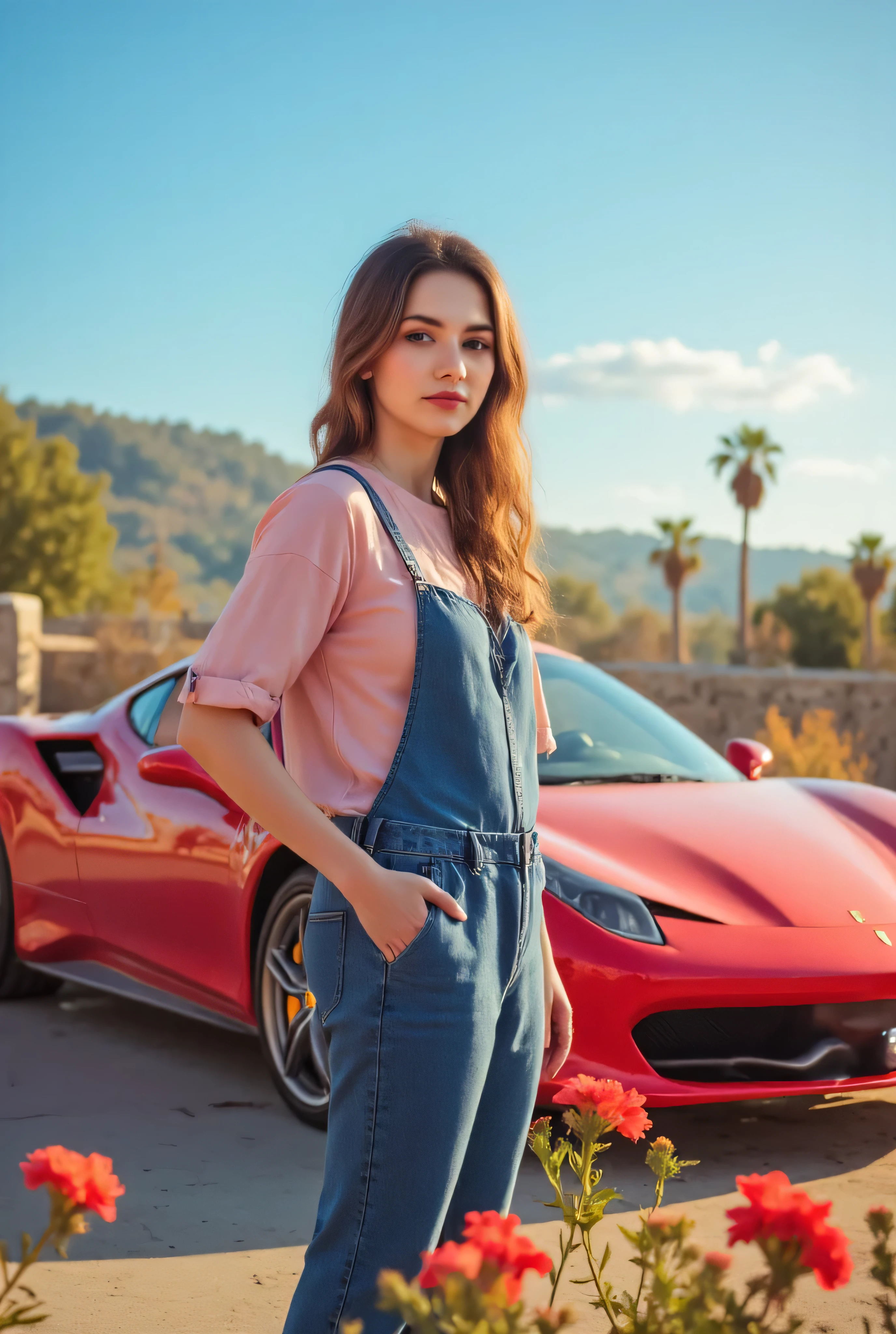 24 year girl in Indian village not modern village rural vibe wearing blue gujrati dress in hawa mahal jaipur in front of local people with smile on face showing cuteness big flowers in hand with beautiful flowers in front of people with beautiful eyes High Resolution image、 high resolution,Created in the same style,( A lifeguard girl's red Ferrari ) She's in a parking lot near the beach。 clear blue sky 。,she's in a parking lot near the beach in San Diego。there are a lot of people on the beach、she plans to get in the car soon、Her car is a red Ferrari、pink shirt and denim pants。she looks at the camera in front of the car with a smile。a
