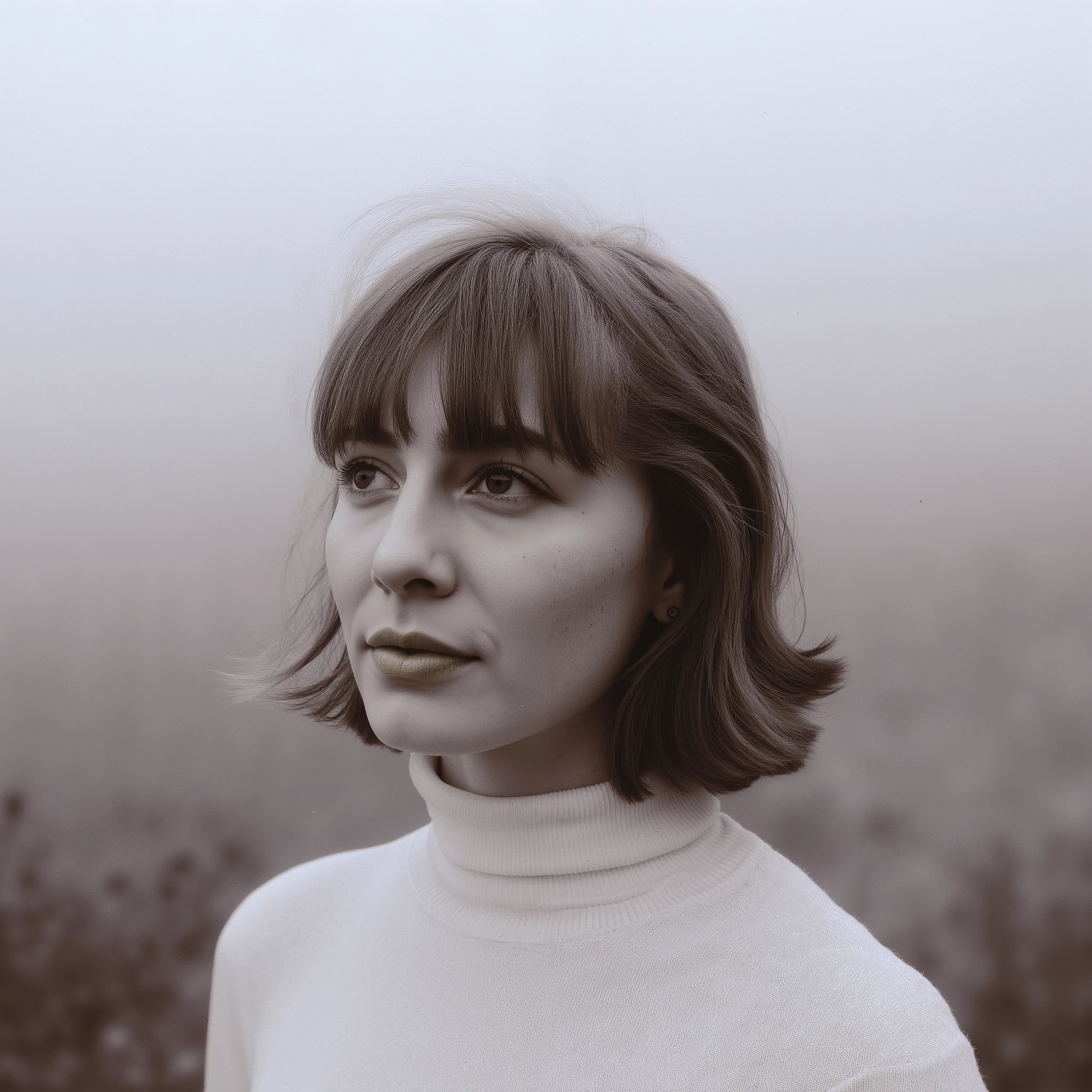 Cinematic photography, slightly low-angle view of a young woman with delicate and expressive facial features, standing in a foggy, open landscape. She has shoulder-length, slightly wavy hair being tousled by the wind, adding a sense of movement. Her contemplative gaze is directed slightly upward and to the side, with lips slightly parted, evoking introspection and quiet emotion. She wears a soft, form-fitting white turtleneck sweater, its texture subtly visible under the moody lighting. The background is blurred and covered in mist, creating a dreamlike and melancholic atmosphere. The black and white color scheme enhances the depth and contrast, emphasizing the model's facial expression and the interplay of light and shadow. Soft, diffused lighting highlights the natural contours of her face, adding a cinematic and ethereal feel. The entire scene conveys solitude, nostalgia, and raw beauty, captured by a professional photographer