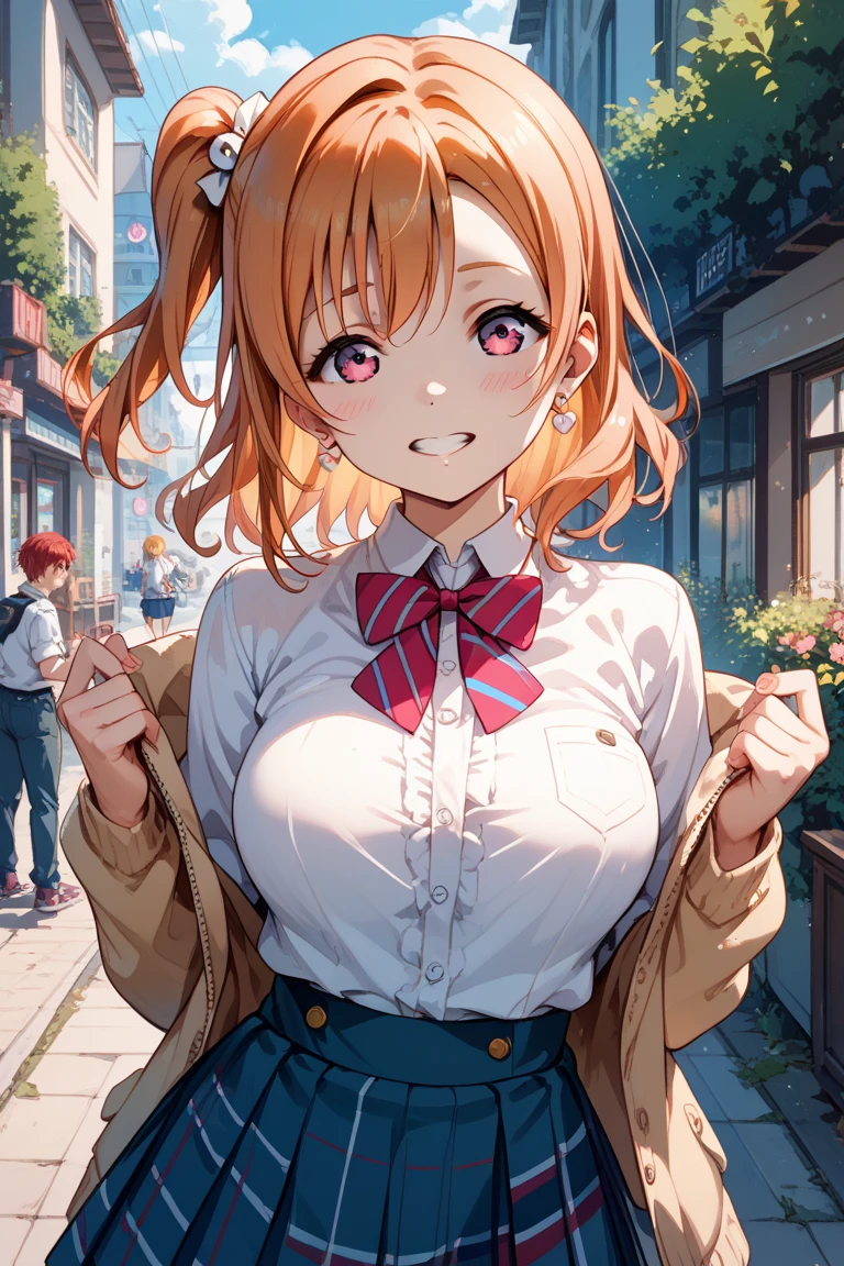 (masterpiece:1.2, top-quality), (realistic, photorealistic:1.4), beautiful illustration, looking at viewer, front view:0.6, 1 girl, high school girl, bangs, yorigami jo'on, double drill hairs, orange hair, orange eyes, large breasts:0.8, (thick thighs), beautiful hair, beautiful face, beautiful detailed eyes, beautiful clavicle, beautiful body, beautiful chest, beautiful thigh, beautiful legs, beautiful fingers, (beautiful scenery), sidewalk, ((pleated mini skirt, socks, red private school uniform:1.2, light pink cardigan, red plaid pleated skirt, red plaid bow tie, red plaid hair ribbon)), pink panties, (swollen), ((seductive posture: 1.2, attractiveness: 1.2)), (idle), (erotic, sexy, upper eyes, makeup, smile, seductive smile, fangs, fang out, v-shaped eyebrows, smug, skin fang, red lips, troll), shiny skin, perfect face, cute and symmetrical face, natural side lighting, movie lighting), walking, gyaru, voluminous eyelashes, glaring, cowboy shot