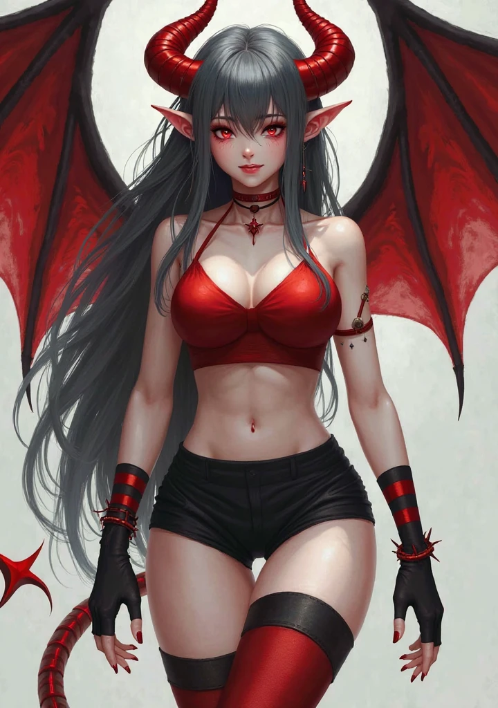 Create a succubus. Do it with large breasts, wide hips, and thick thighs. Using only Red skin, wings and tail.