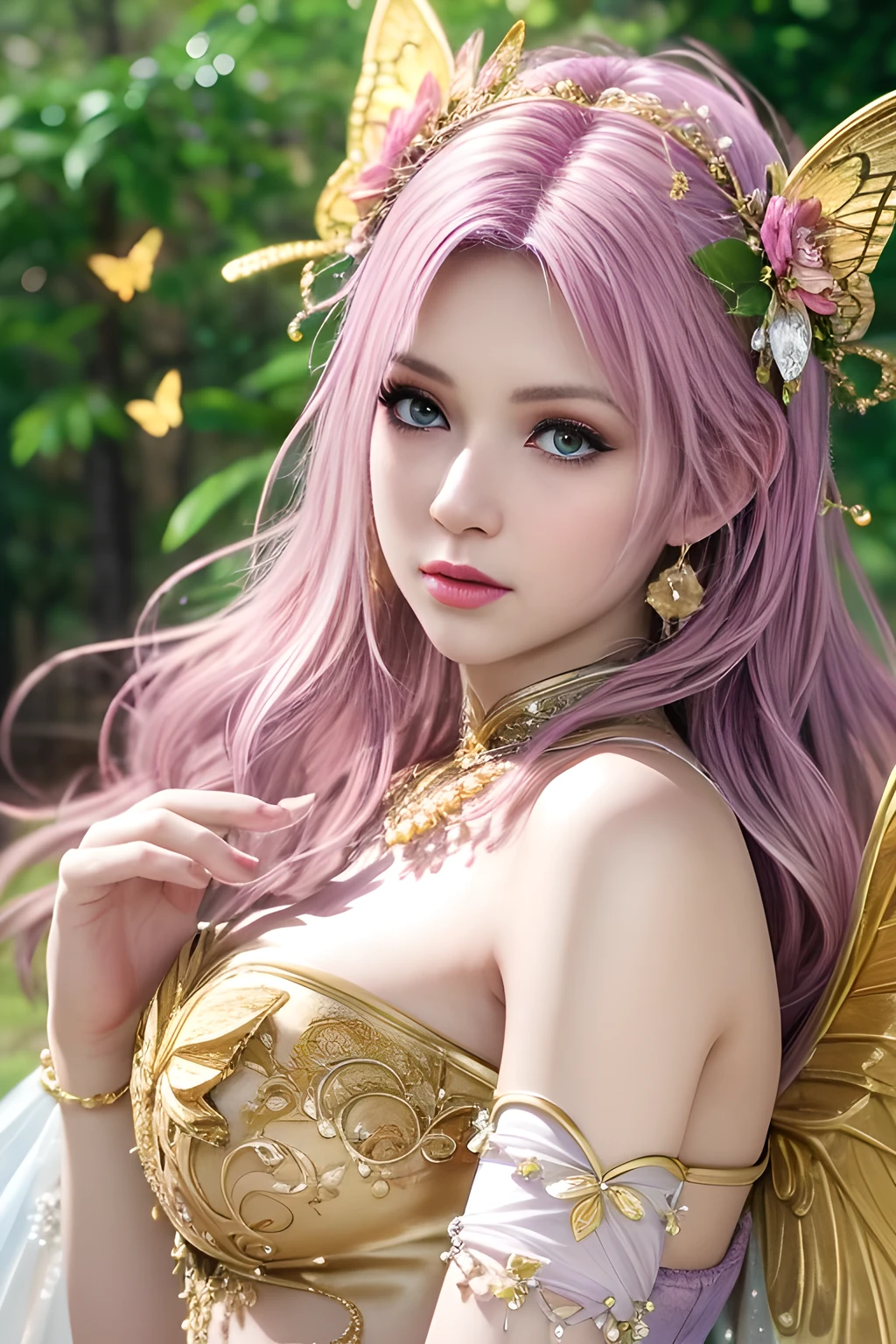 (fantasy, ethereal, ultra-detailed, masterpiece), beautiful woman with delicate features, golden hair with soft curls, wearing a pink and gold butterfly-themed gown, intricate jewelry with butterflies and flowers, glowing gemstones, fairy crown with pastel colors, soft ethereal lighting, forest background with dappled sunlight, magical, dreamlike, photorealistic, soft expression