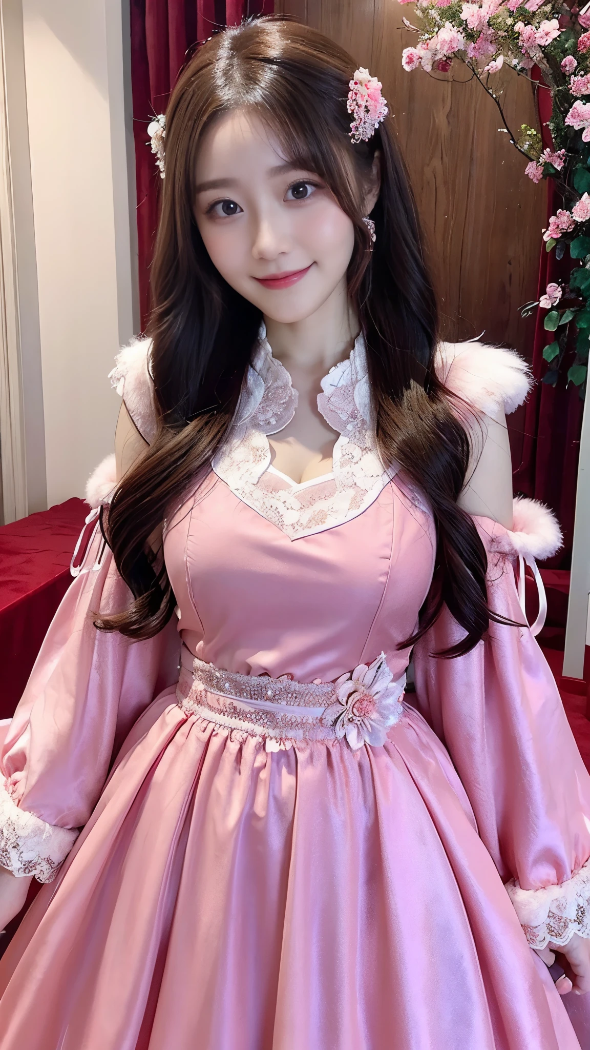 beautiful woman, Chestnut hair , Beautiful Eyes , Smile, actual , Full HD, A very beautiful pink dress , Fluffy Dress , Curved Body,Magnificent views , gorgeous decoration ,Long gown,中国发髻