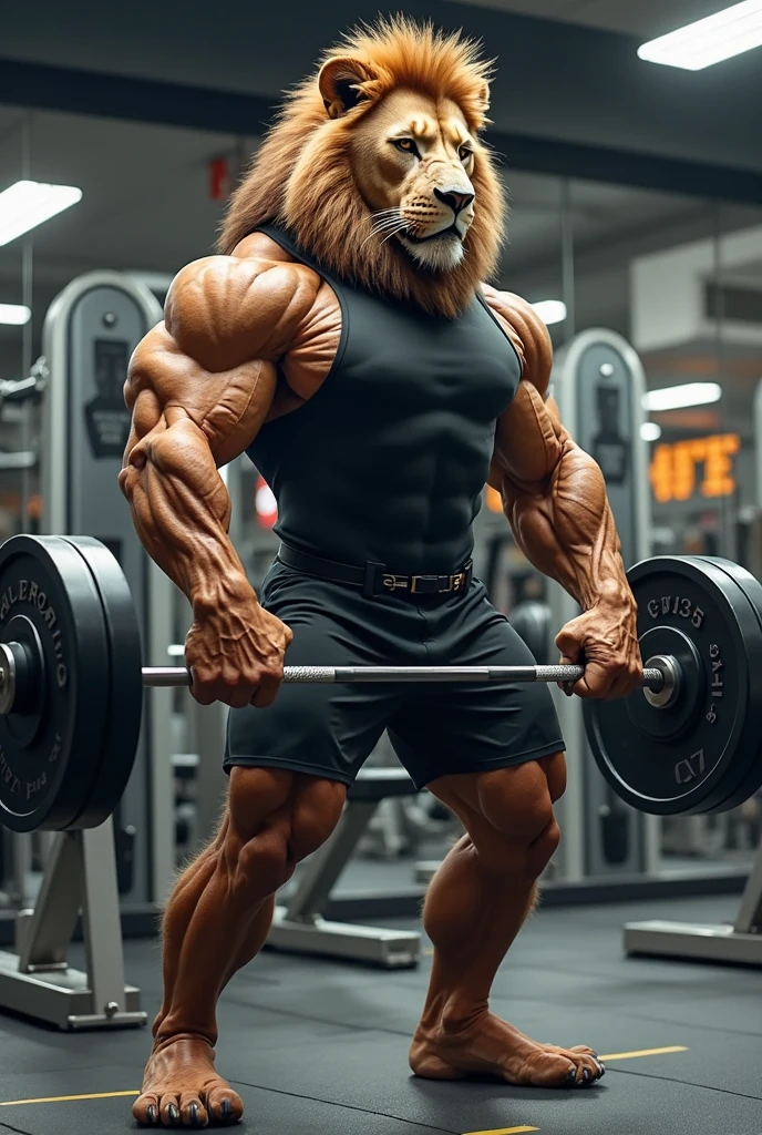male, digitigrade, (lion), (lion tail), muscular, (sleeveless hoody), athletic shorts, big arms, paw pads, feet, ((smirk)), posing, double bicep pose, gym, (low angle:0.4)