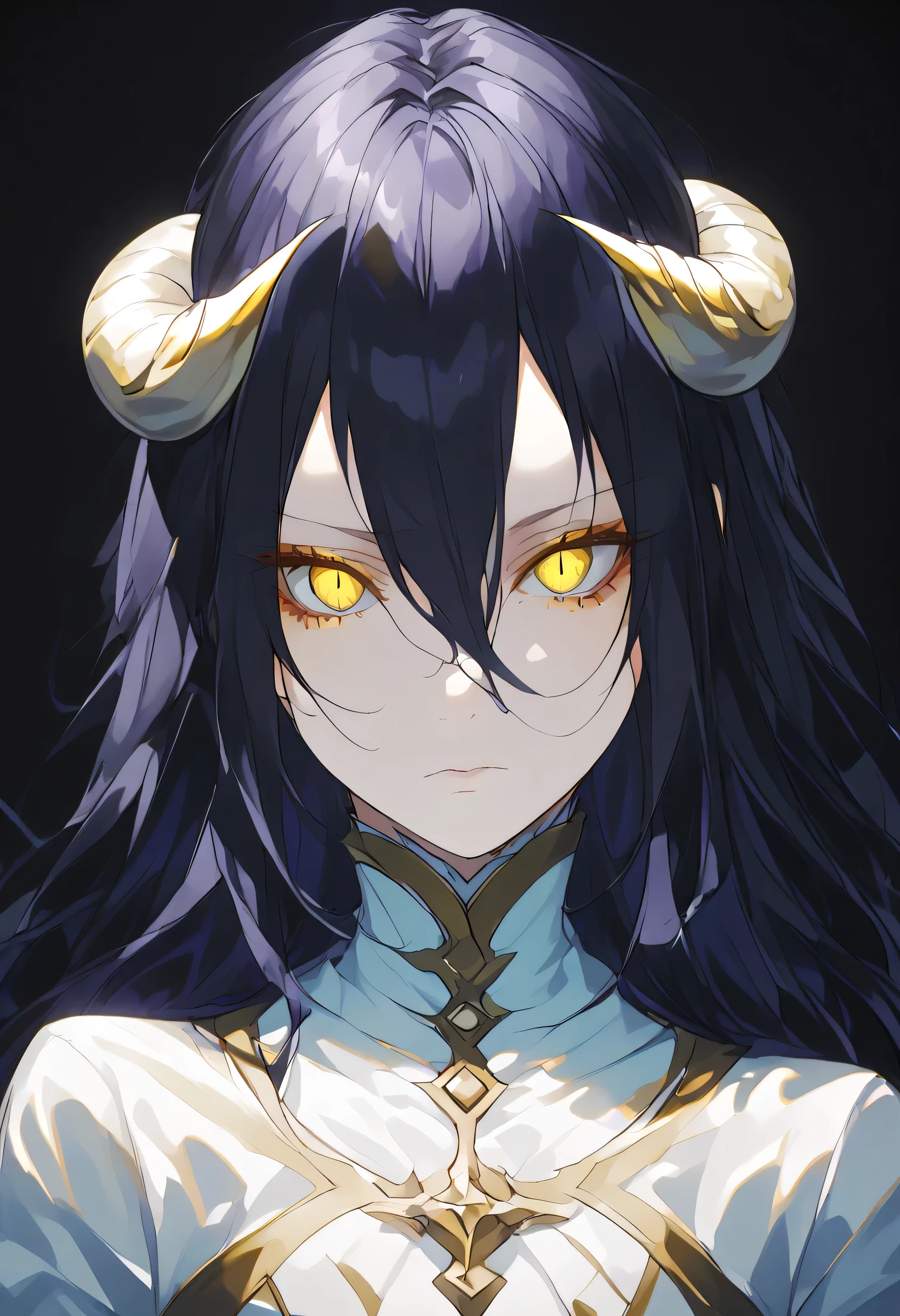 albedoo, black_hair, yellow_eyes, slit_pupils, hair_between_eyes, long_hair,((white demon_horns)),solo,pov,black background,
