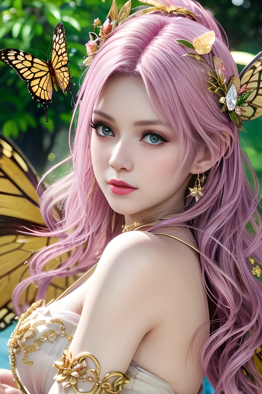 (fantasy, ethereal, ultra-detailed, masterpiece), beautiful woman with delicate features, golden hair with soft curls, wearing a pink and gold butterfly-themed gown, intricate jewelry with butterflies and flowers, glowing gemstones, fairy crown with pastel colors, soft ethereal lighting, forest background with dappled sunlight, magical, dreamlike, photorealistic, soft expression