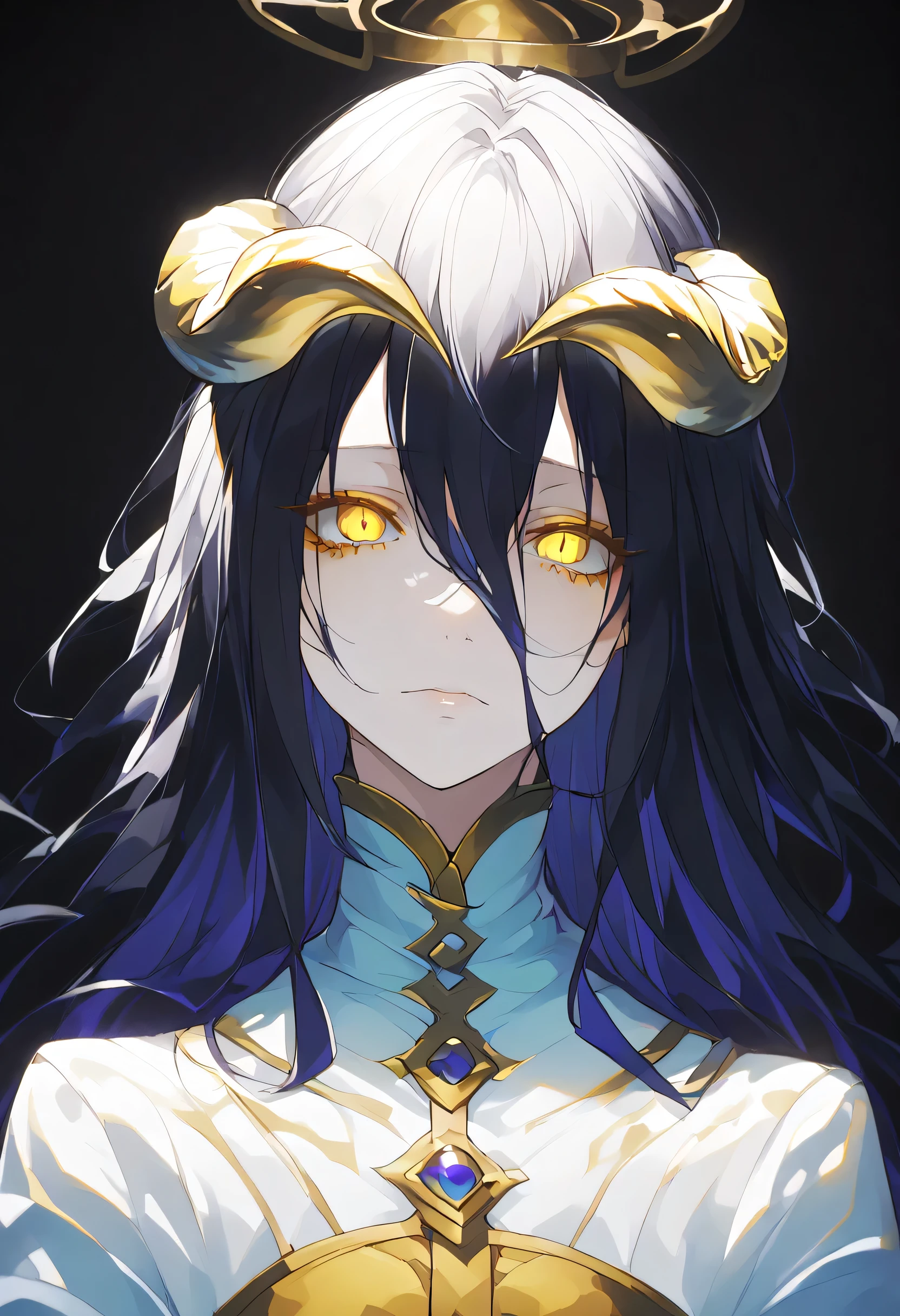 albedoo, black_hair, yellow_eyes, slit_pupils, hair_between_eyes, long_hair,((white demon_horns)),solo,pov,black background,