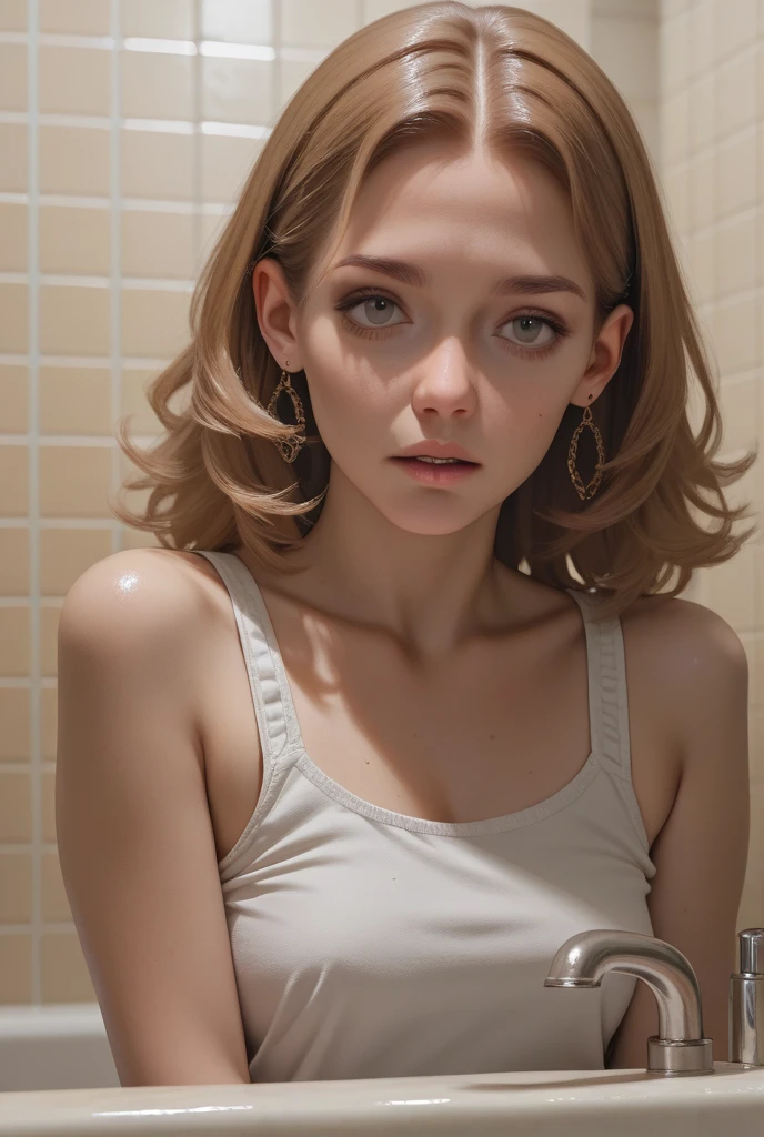 illustration, style of Philip Lorca diCorcia, cinematic film still portrait of young girl aged 15 yrs old, 1girl, solo, Instagram model, athletic figure, deep cleavage, large breasts, cute face, wearing a white bathrobe, light brown hair, short curly hair, crossed bangs, brown eyes, constricted pupils, hair ribbon, hoop earrings, cinematic lighting, Ultra-Wide Angle, Canon, Hyperrealism, UHD, masterpiece, textured skin, high details, best quality, detailed eyes, detailed iris, whole body photo