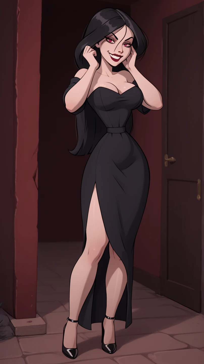 SFW, full body, (curly orange hair mom, ((black charcoal skin))), Firm Breasts, Beautiful Breasts, slim figure, ((big breasts, arms behind back, cleavage, (black dress)))