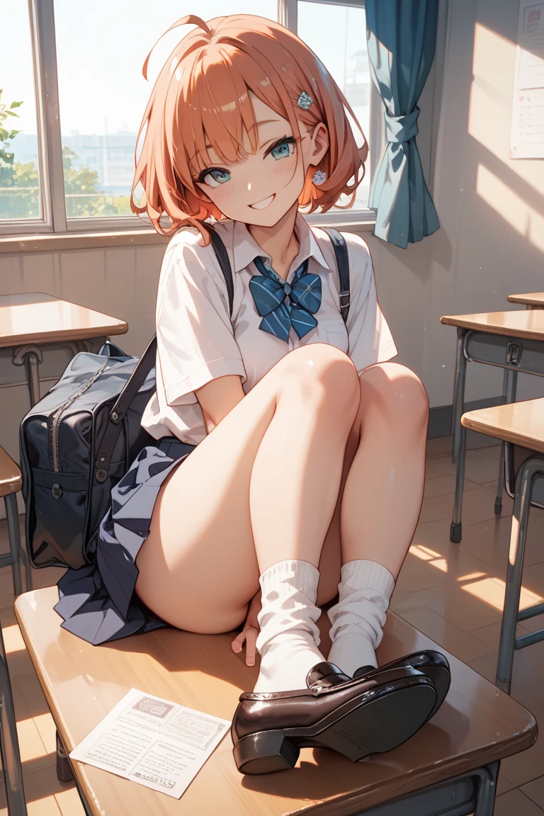 Dynamic posing, dynamic angle,Top quality work,Show Legs,Shiny cream Dress,(short ginger hair),(ginger eyes), lovely red lips, Rose cheeks, Pretty Face, A perfectly proportioned face, school shirt and skirt, ,in classroom,full-body view,overall look is very erotic, amazing, Large round chest、Beautiful eye details、(Very slender eyes)、Beautiful eyelashes、beautiful double eyelid, Shy, with blush cheeks,