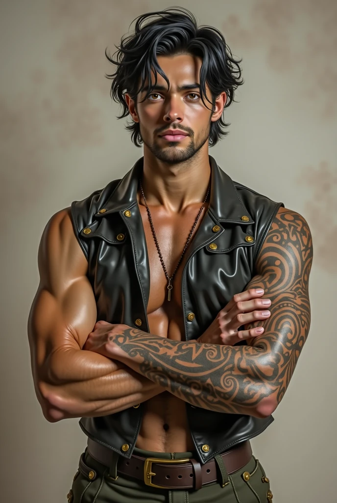 A handsome guy wearing some cool clothes with a bad boy kind of image
 some tattoos on arms, chest, and back
Slick back hair style. Skin-wise a bit tanned. Nothing too extreme, just enough to have a bit of a golden touch. And deep blue eyes.

