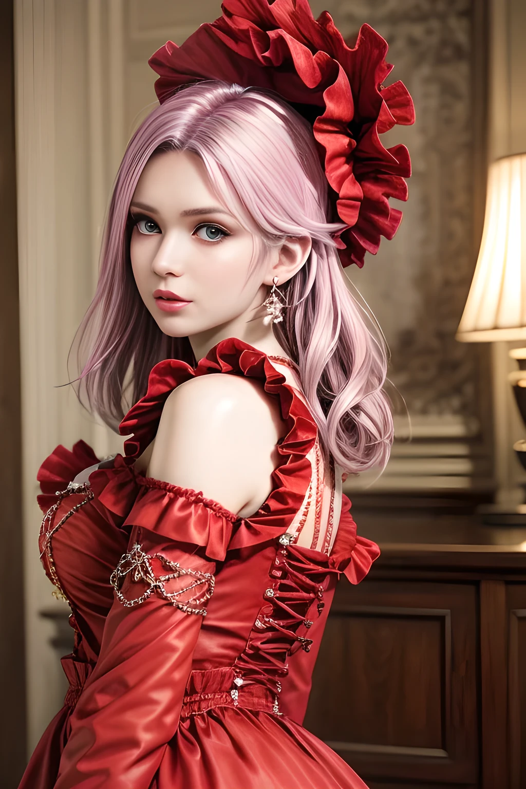 A woman exudes elegance and sophistication in a chic red outfit (Ruffle Detail: 1.4). With soft, voluminous curls and simple earrings, she stands confidently with a calm expression. The background is a modern, cozy interior with soft lighting, the overall vibe is stylish, warm, and sophisticated. Photorealistic, high detail, soft lighting.