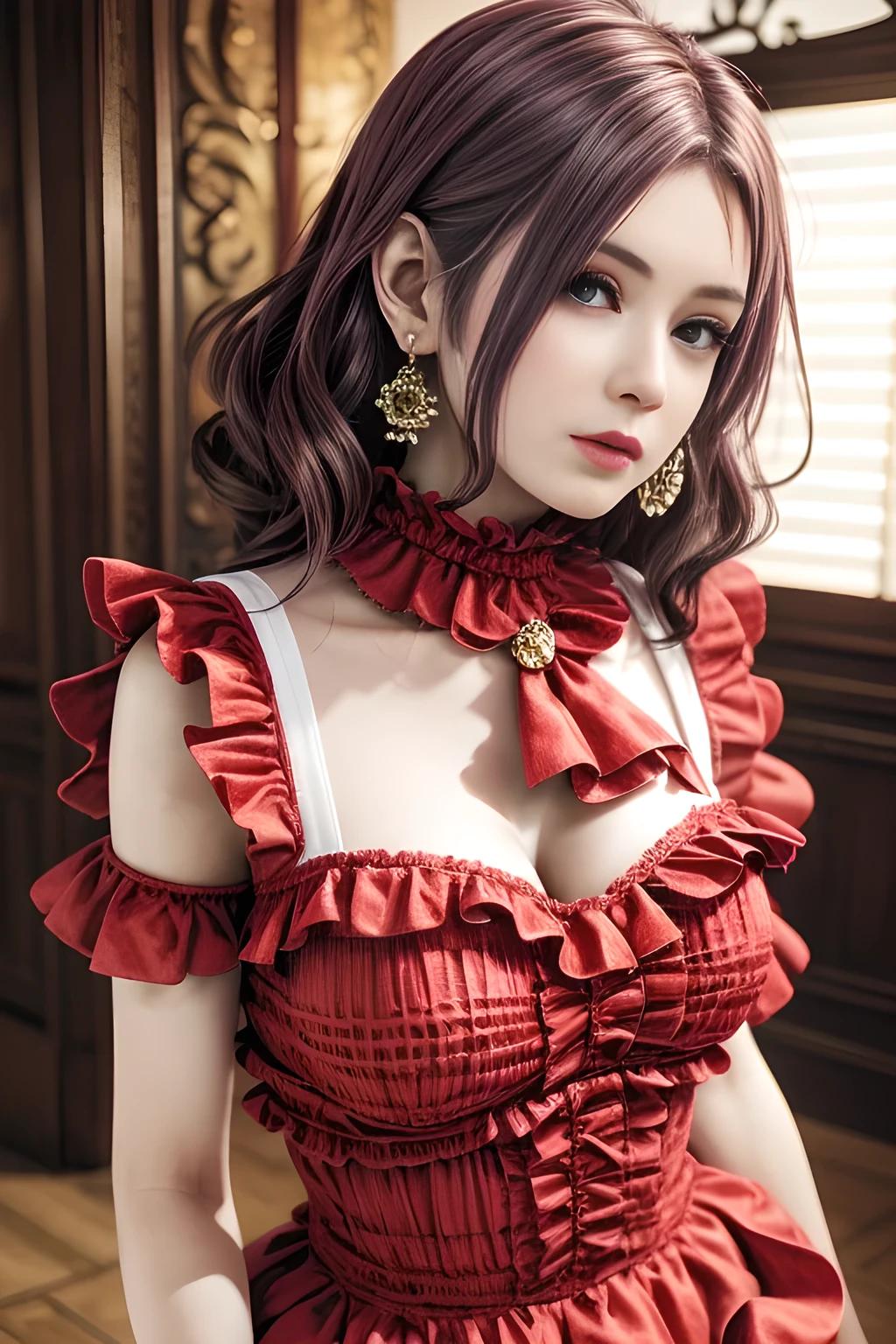 A woman exudes elegance and sophistication in a chic red outfit (Ruffle Detail: 1.4). With soft, voluminous curls and simple earrings, she stands confidently with a calm expression. The background is a modern, cozy interior with soft lighting, the overall vibe is stylish, warm, and sophisticated. Photorealistic, high detail, soft lighting.