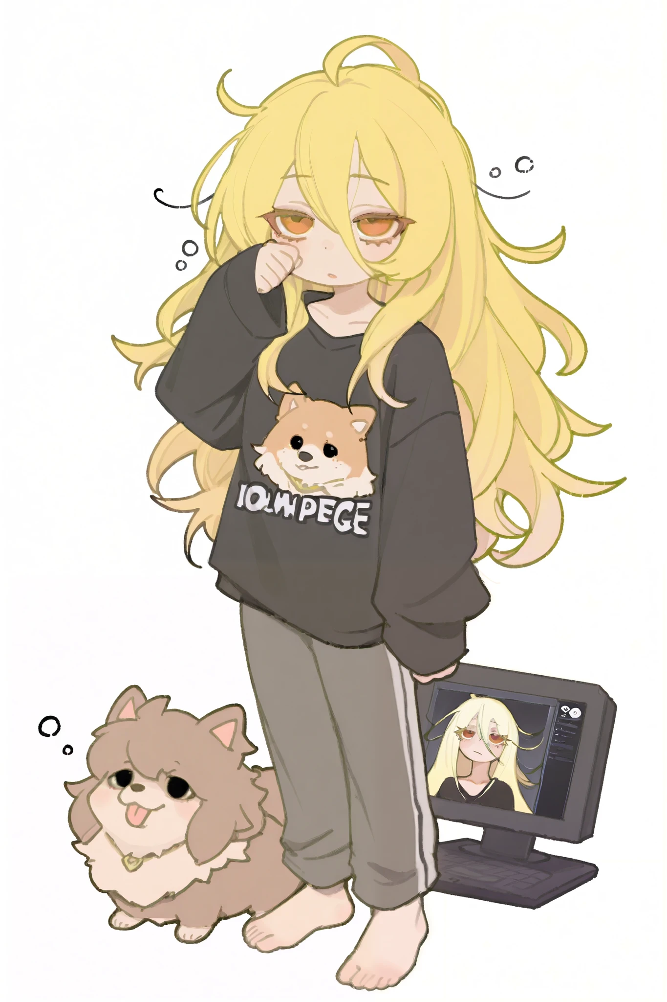 one girl、full body standing picture、 Gold、Unkempt Hair、Sleepy and half-open eyes、Eye color: black、is a crease under the eye、long lashes、black buka buka sweatshirt、 grey sweatpants with Pomeranian dog on the side、bare feet、Looks sleepy、I'm holding my computer by my side