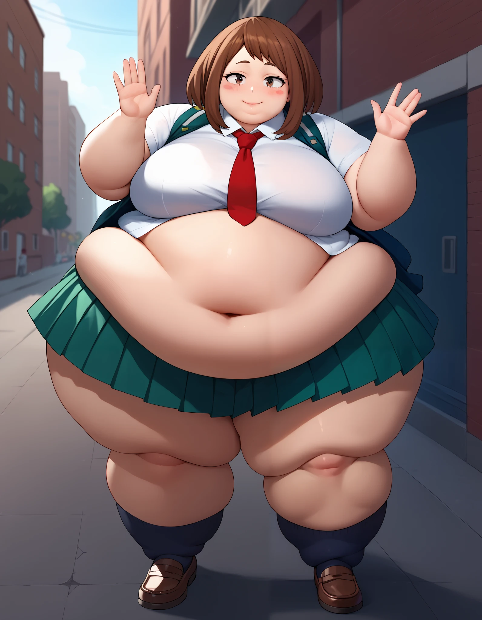 score_9_up, score_8_up, score_7_up,score_6_up, score_5_up, score_4_up, ,1girl, solo, white shirt, short sleeves, u.a. school uniform, black socks, brown loafers, kneehighs, pleated green skirt, red necktie, BREAK ochako uararka, brown eyes, brown hair, boku no hero academia, breasts, short hair, sexy, BREAK flirting, cowboy shot, city background, fat, chubby, (morbidly obese), big Belly, ((thick thighs)), waving, windy, blushing