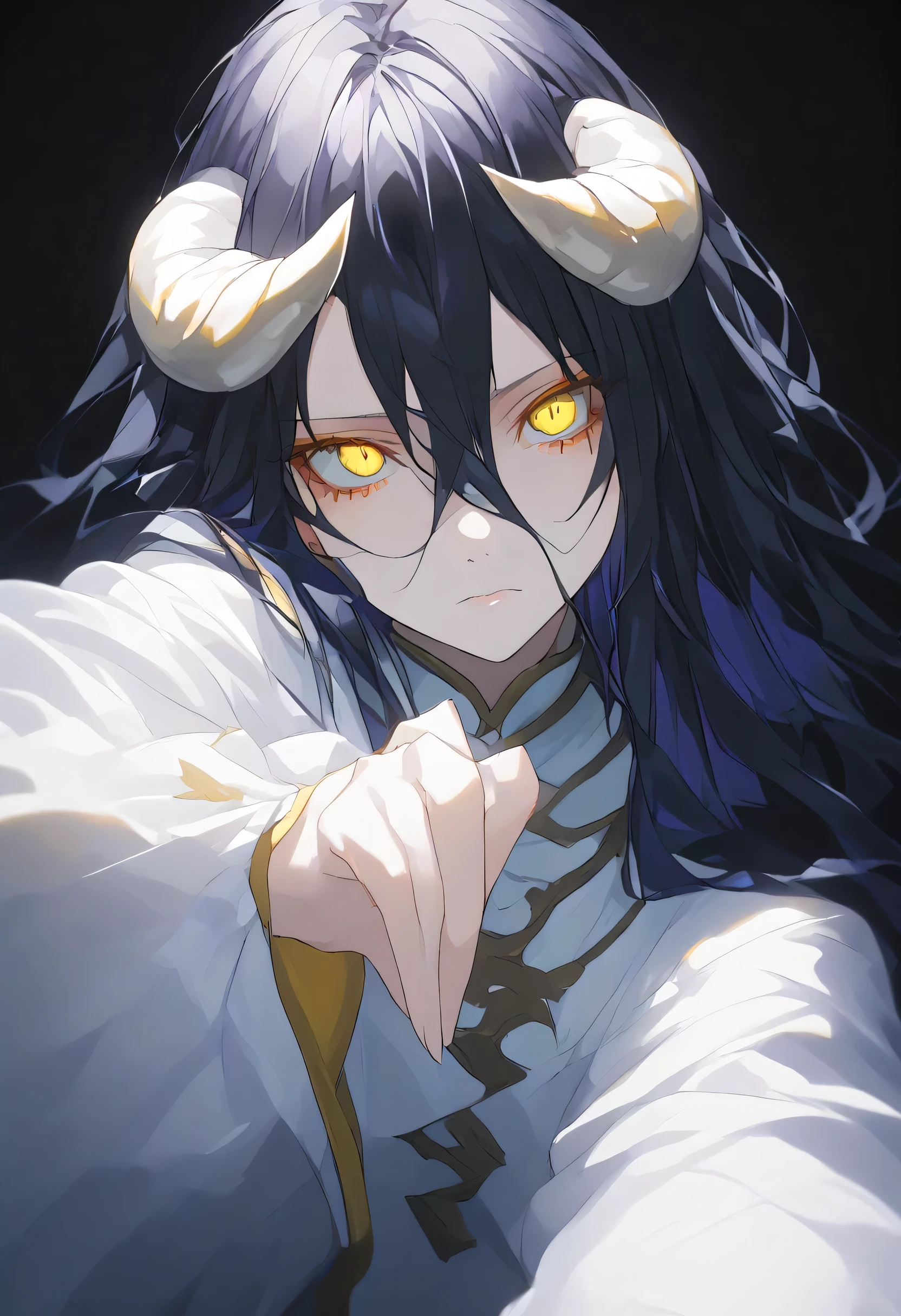 albedoo, black_hair, yellow_eyes, slit_pupils, hair_between_eyes, long_hair,((white demon_horns)),solo,pov,black background,