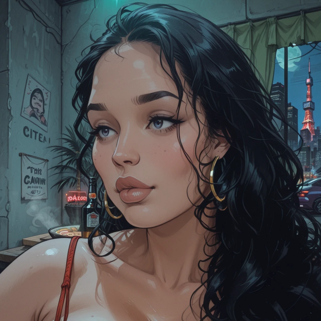 young woman, straight brown hair, dark and tanned skin, wearing a white crop top and beige cargo pants, in the background a car and a gas station at night