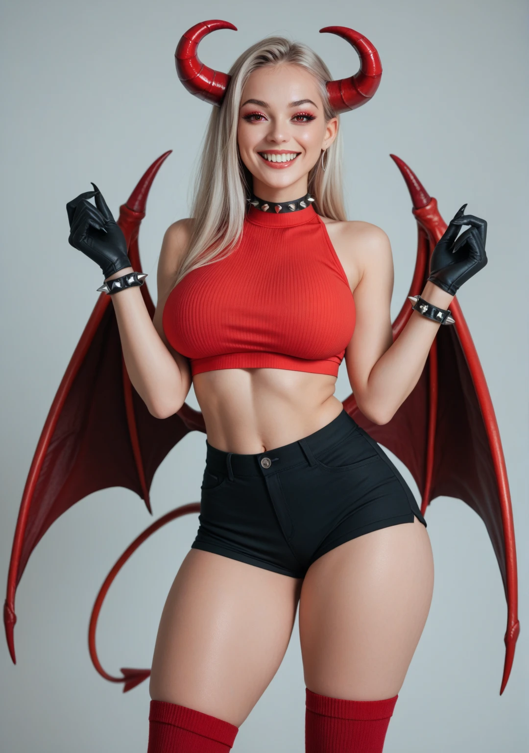 (best quality, 8k, highres, photorealistic:2.0), (solo, one girl:2.0),(lighting: strong),(lighting: front),(Russian Beauty:2.0),(The woman opens her mouth wide and screams loudly:2.0),(very muscular girl:2.0),(bodybuilder girl:2.0),(oily skin:2.0),(platinum blonde hair:1.5),(Squat down on one knee and spread your legs apart.:1.5),(raise both arms behind your head:1.5),(high heels:1.5),(succubus:2.0),(Wearing a latex tiny micro bikini),(Photographed at a place reminiscent of the demon world)