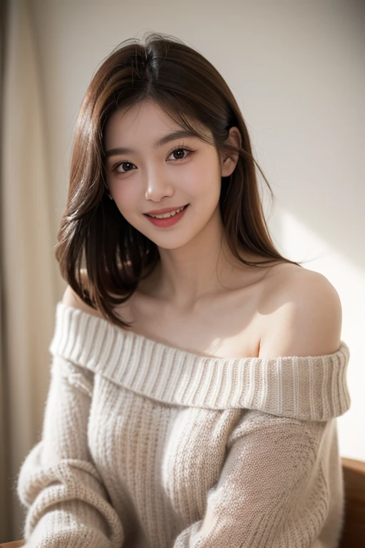 highest quality, masterpiece, Ultra-high resolution, (Realistic:1.5), RAW Photos, smile, Bodyline、One girl, Off the shoulder, skintight, In the Dark, Deep Shadow, Modest, Cold Light, Sexy look, short hair