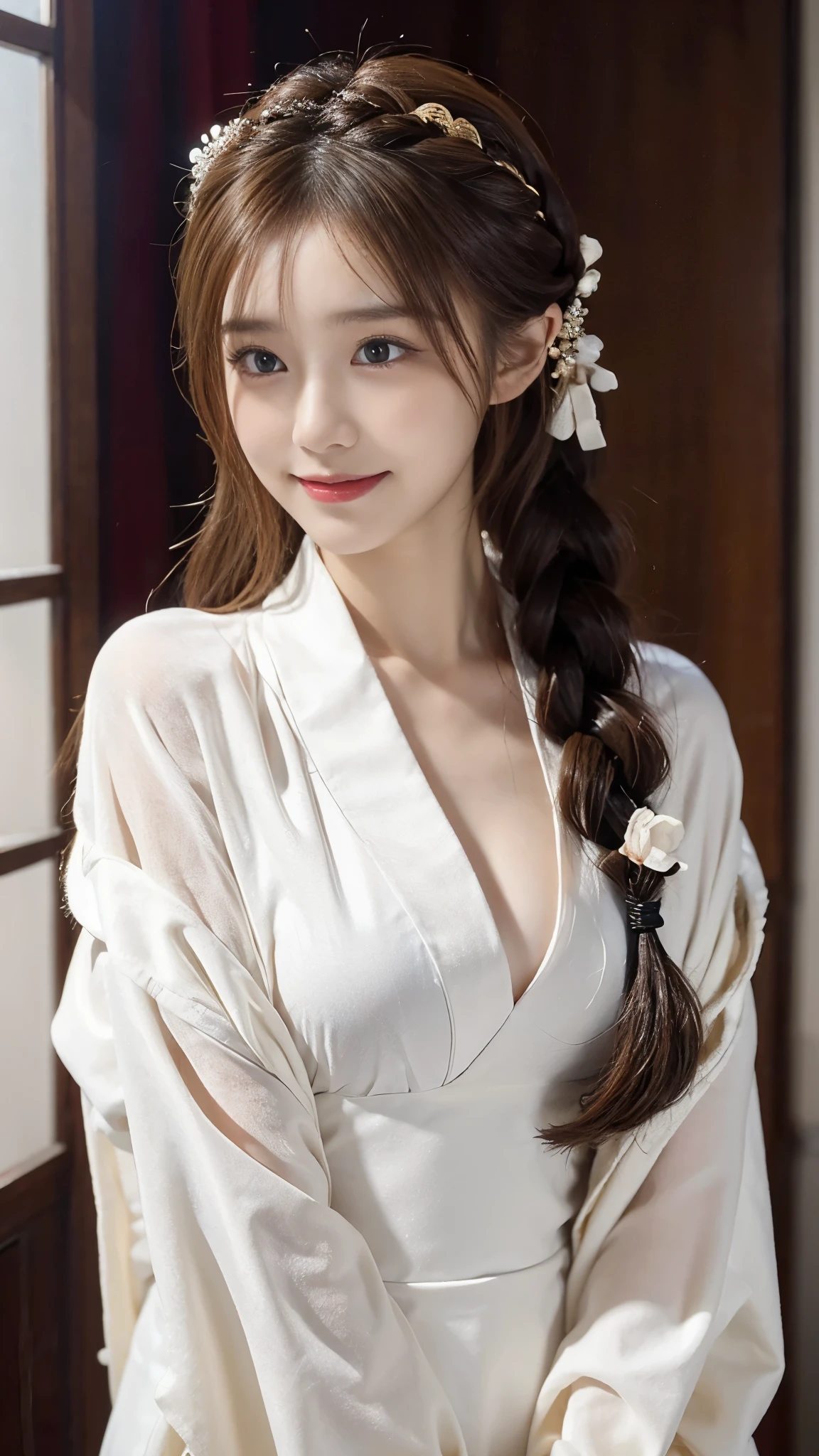 (masterpiece:1.3), (8K, Photorealistic, Raw photo, Best image quality: 1.4), Japanese high school girl、Take a full-body photo，Onmyoji，kimono，Evil Horse Taikoku，Japan，Jomon Period，Natural color lip，(Random Hairstyles:1.2)、Cleavage:1.2、Super detailed face、Attention to detail、double eyelid、Put your chest together、Sharp focus:1.2、Beautiful woman:1.4、Silver Hair、Highest quality、masterpiece、超A high resolution、(Photorealistic:1.4)、Highly detailed and professionally lit smile、