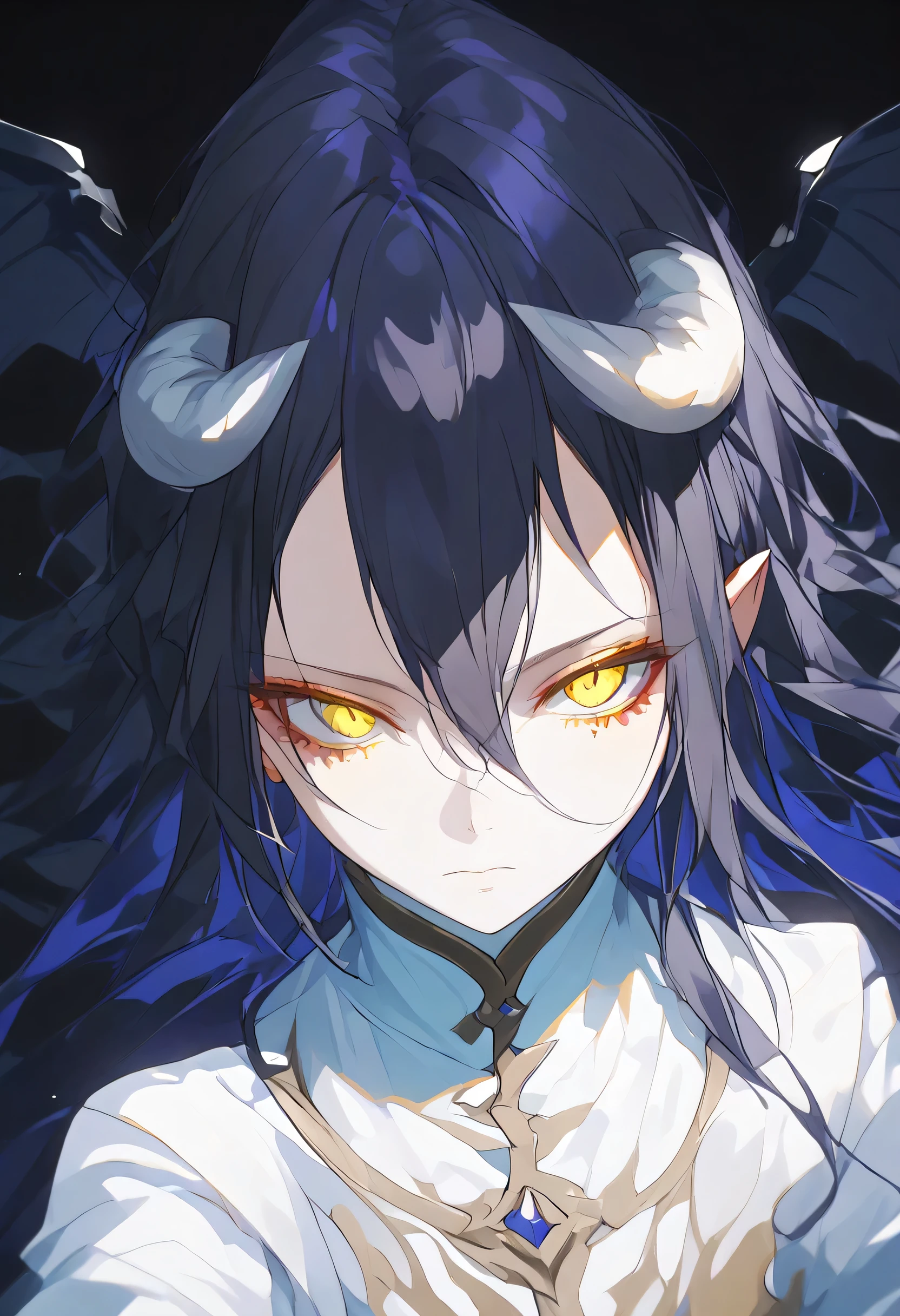 albedoo, black_hair, yellow_eyes, slit_pupils, hair_between_eyes, long_hair,((white demon_horns)),solo,pov,black background,