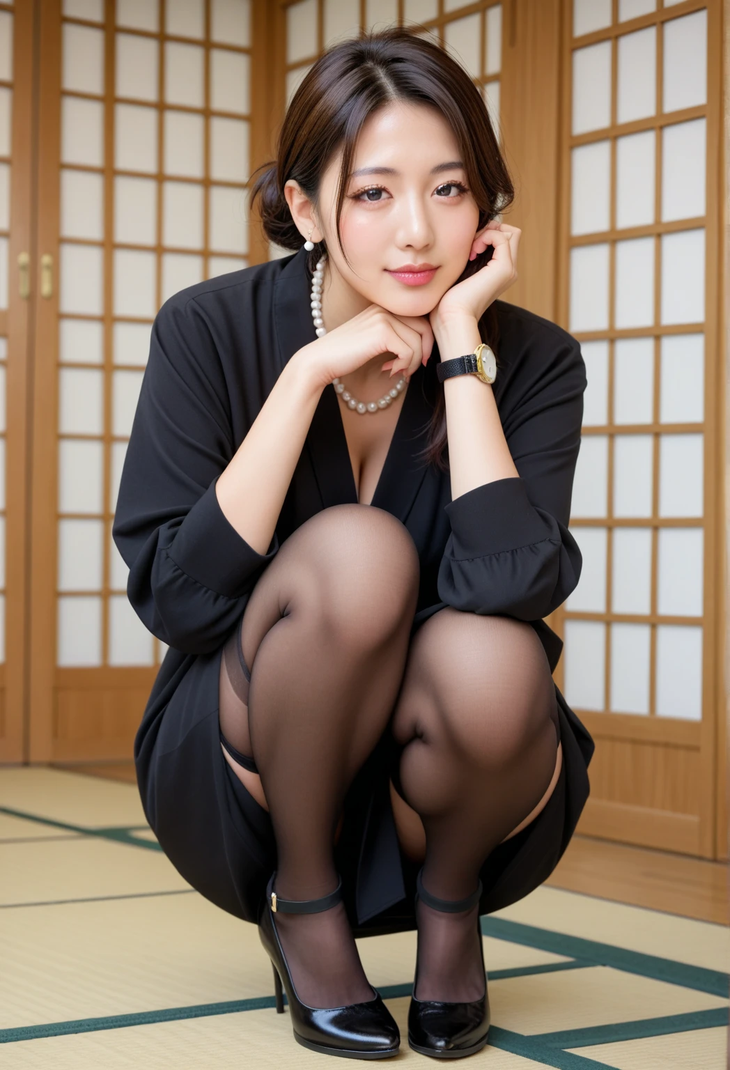 show entire body, gorgeous Asian female, extra short kimono, pantyhose, no shoes, sitting, traditional Japanese home, night