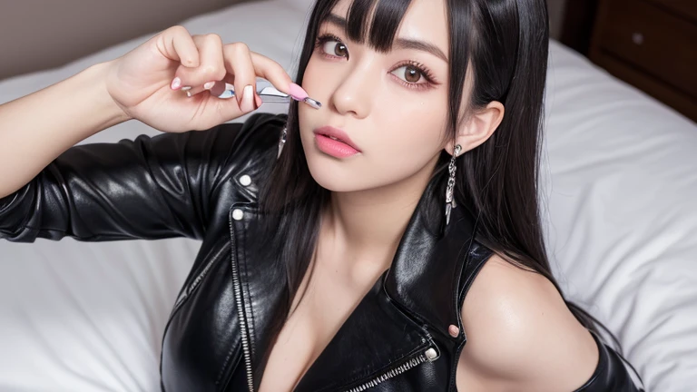 nsfw、sexy stylish female idol、glossy lipstick、smiling face、defined eyebrows、ultra detailed vivid makeup、eyelashes、full body Esbian、sheer latex dress、Colorful hair
